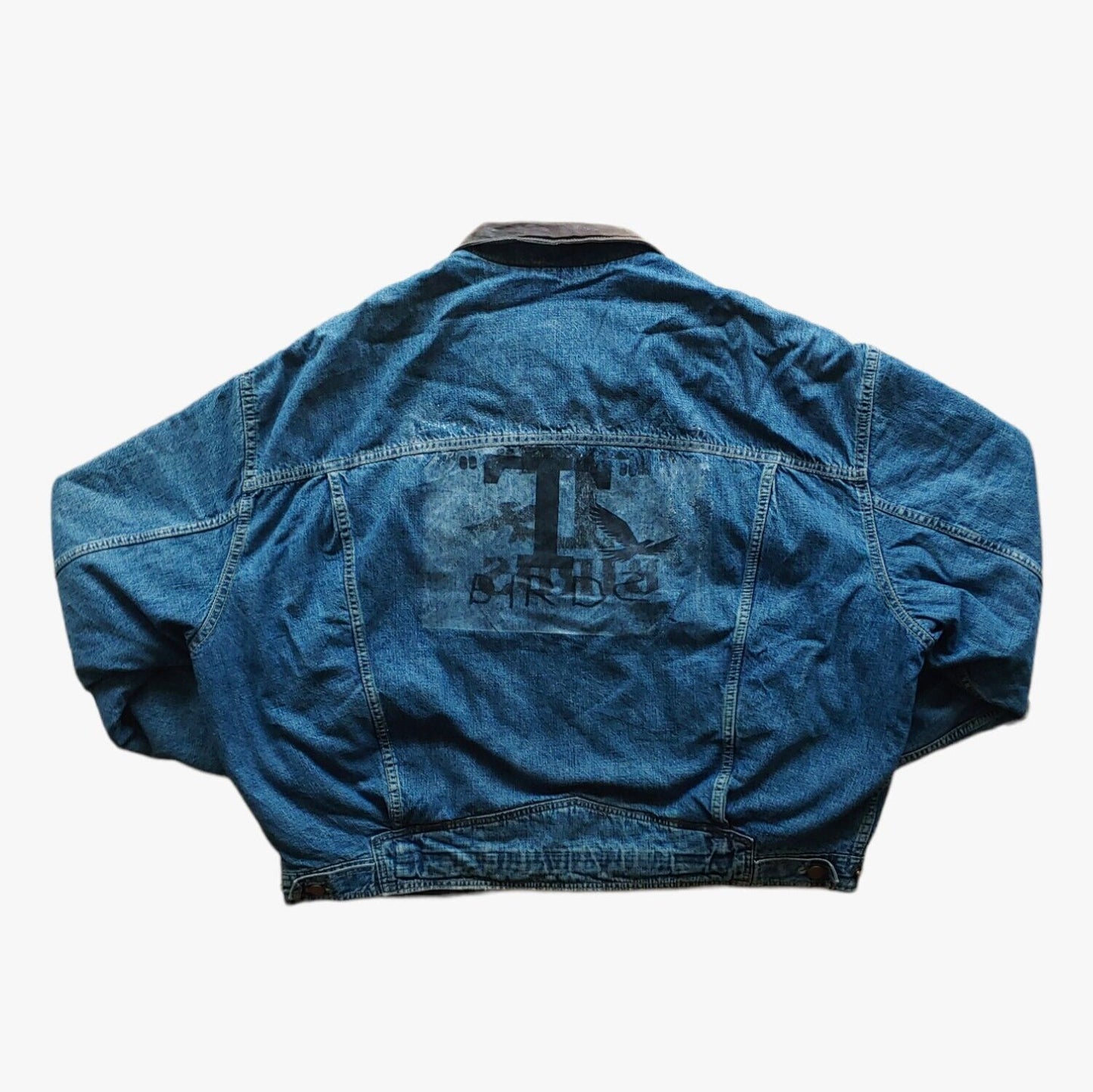 Vintage 1990s Diesel Stars Series Blue Denim Jacket With Grease T Birds Back Graphic Print & Leather Trim Back - Casspios Dream