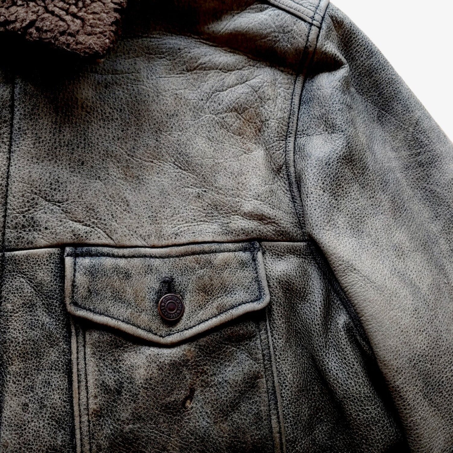 Vintage 1990s GAP Leather Overcoat With Fur Collar Pocket - Casspios Dream