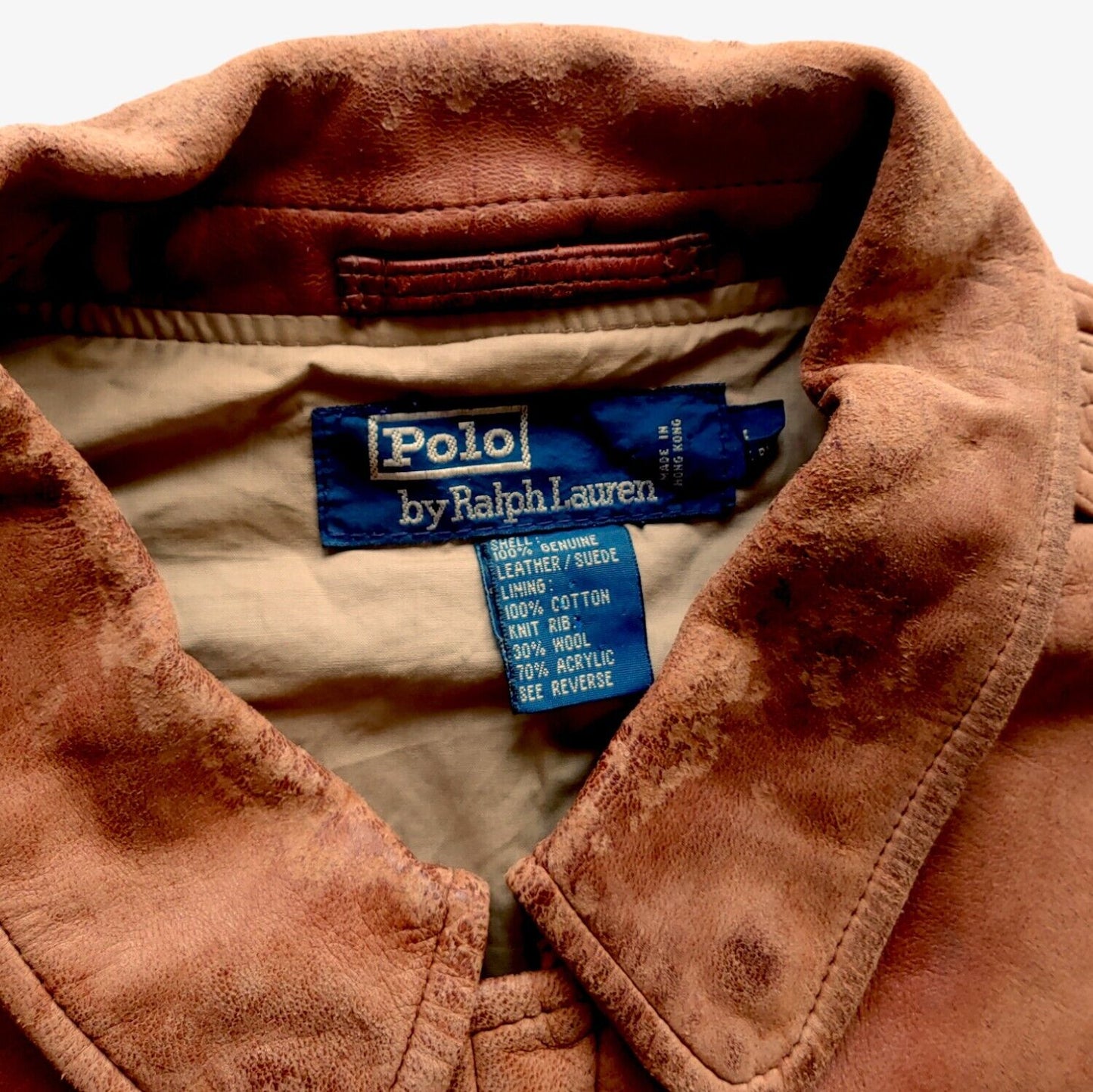 Vintage 1990s Polo Ralph Lauren Brown Leather Trucker Bomber Jacket Label - Casspios Dream