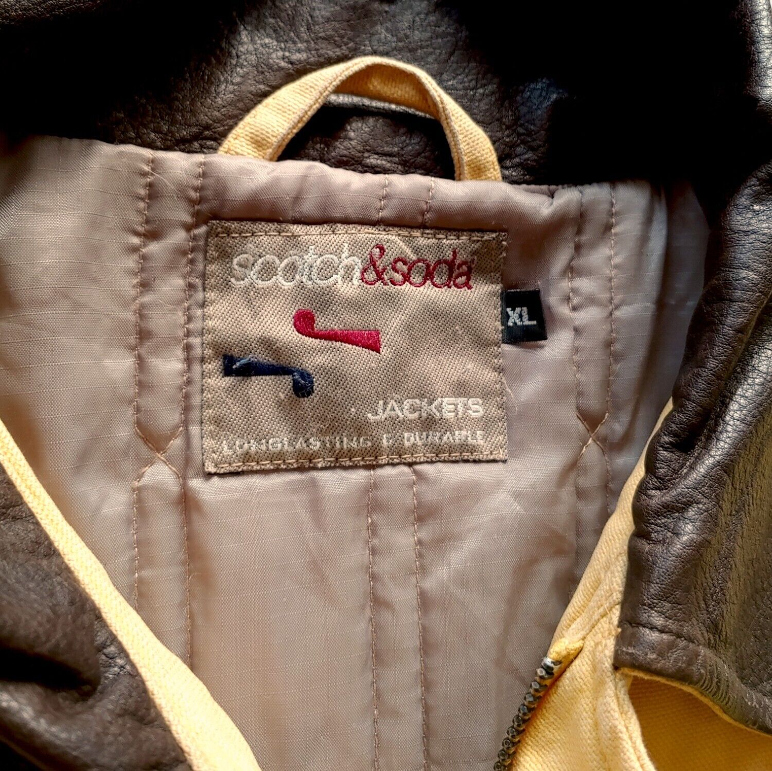 Vintage 1990s Scotch & Soda Yellow Thick Cotton Workwear Jacket With Leather Trim Collar Label - Casspios Dream