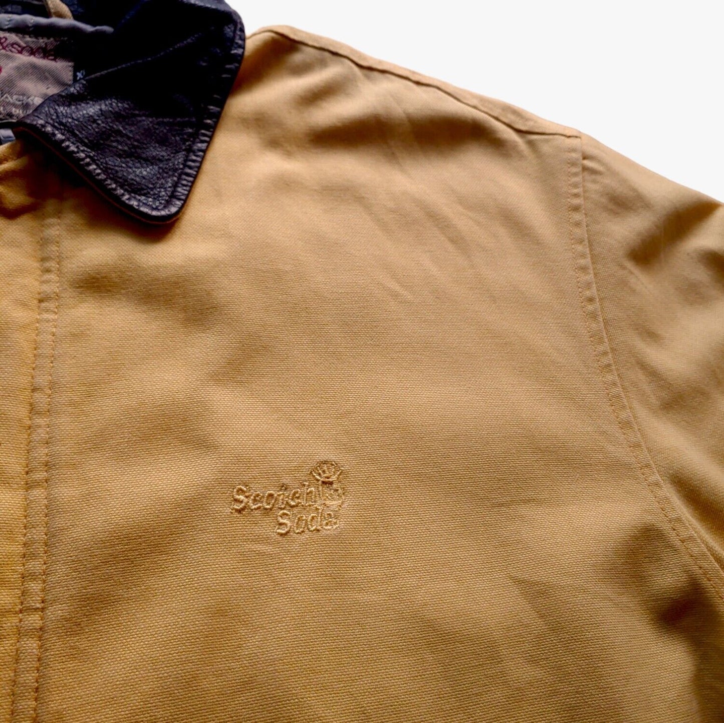 Vintage 1990s Scotch & Soda Yellow Thick Cotton Workwear Jacket With Leather Trim Collar Logo - Casspios Dream