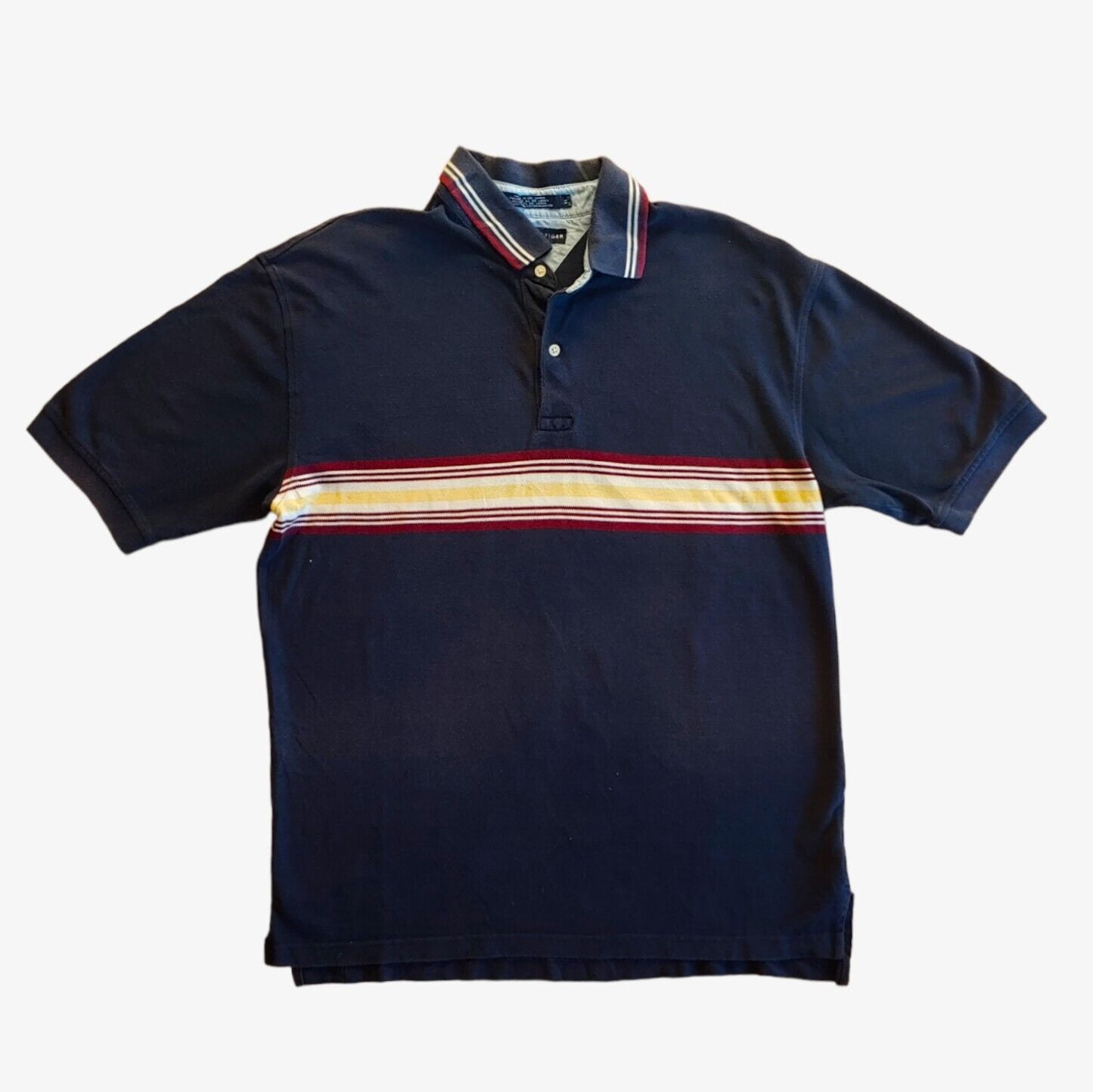 Vintage 1990s Tommy Hilfiger Navy Polo Shirt With Brown & Yellow Stripe - Casspios Dream
