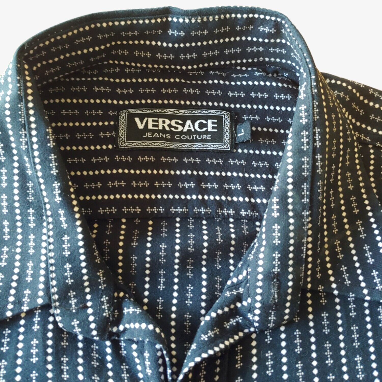 Vintage 1990s Versace Jeans Couture Pearl Patterned Print Silk Cotton Shirt With Medusa Head Buttons Label - Casspios Dream