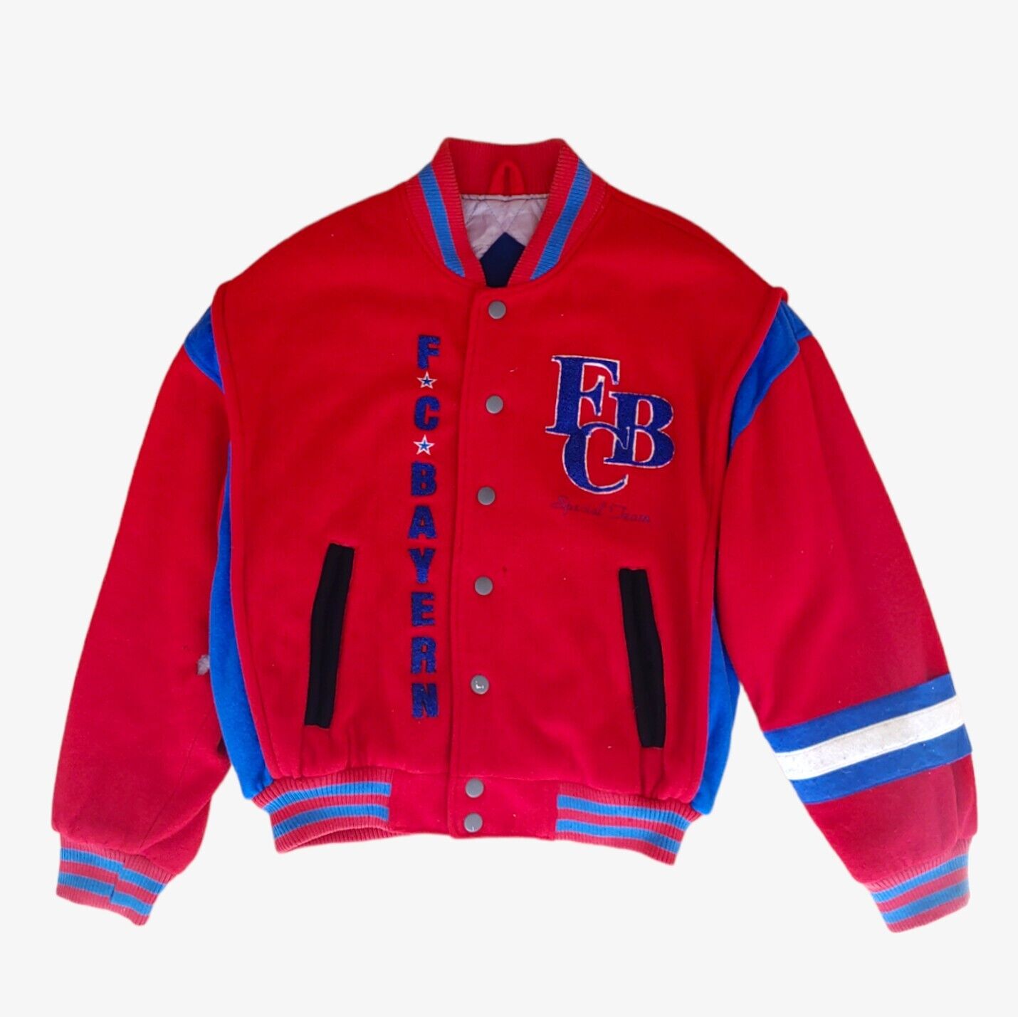 Vintage 1993 Bayern Munich Munchen Football Club Red & Blue Wool Varsity Jacket - Casspios Dream