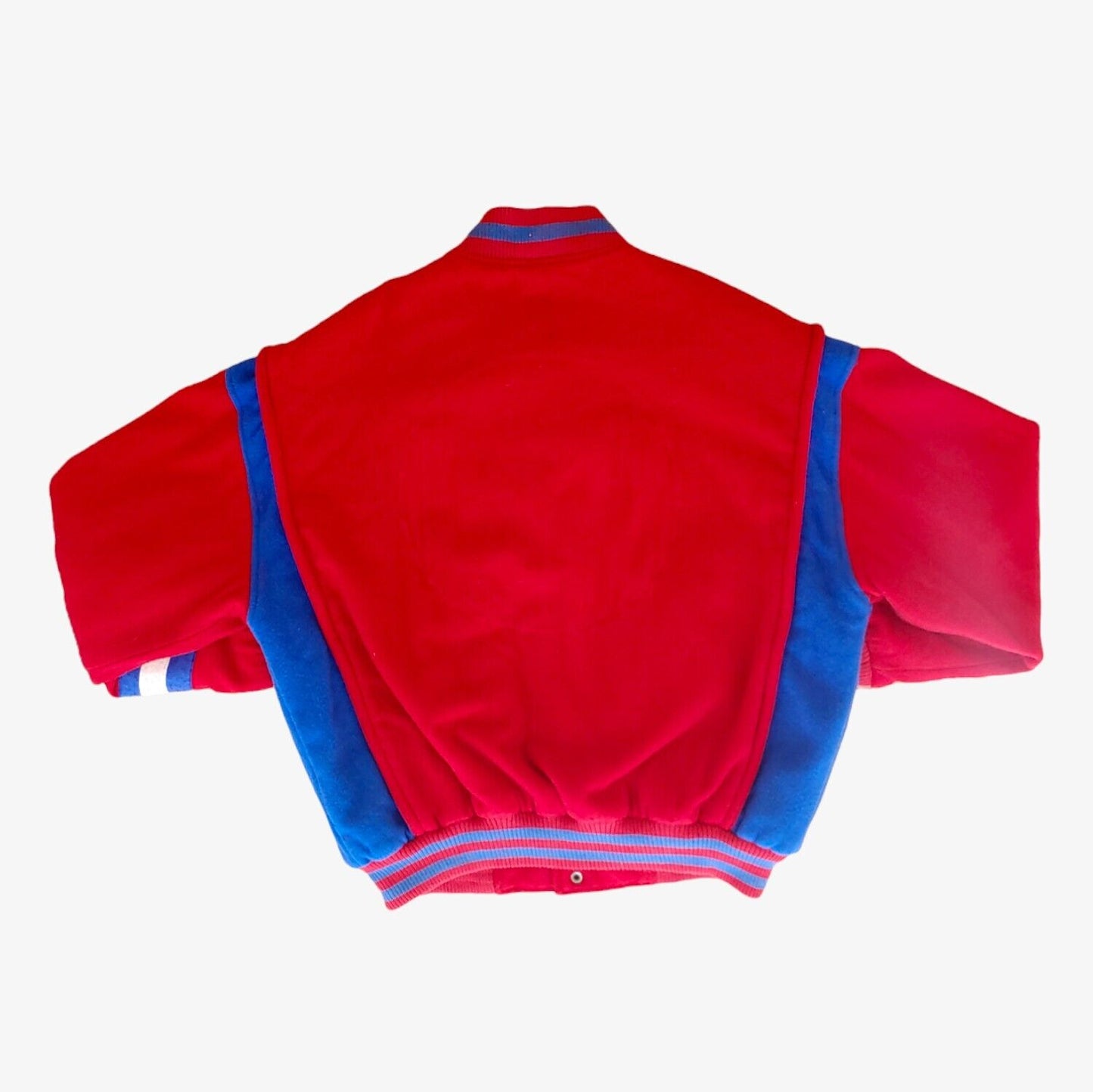 Vintage 1993 Bayern Munich Munchen Football Club Red & Blue Wool Varsity Jacket Back - Casspios Dream
