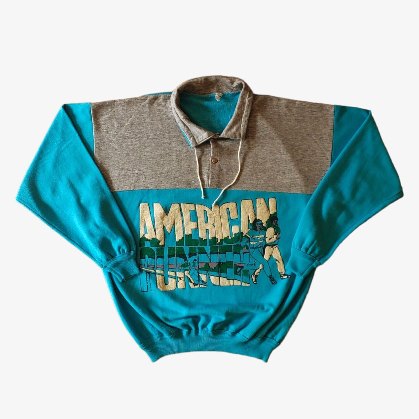 Vintage 80s American Runner 3D Textured Spell Out Graphic Collared Sweatshirt - Casspios Dream