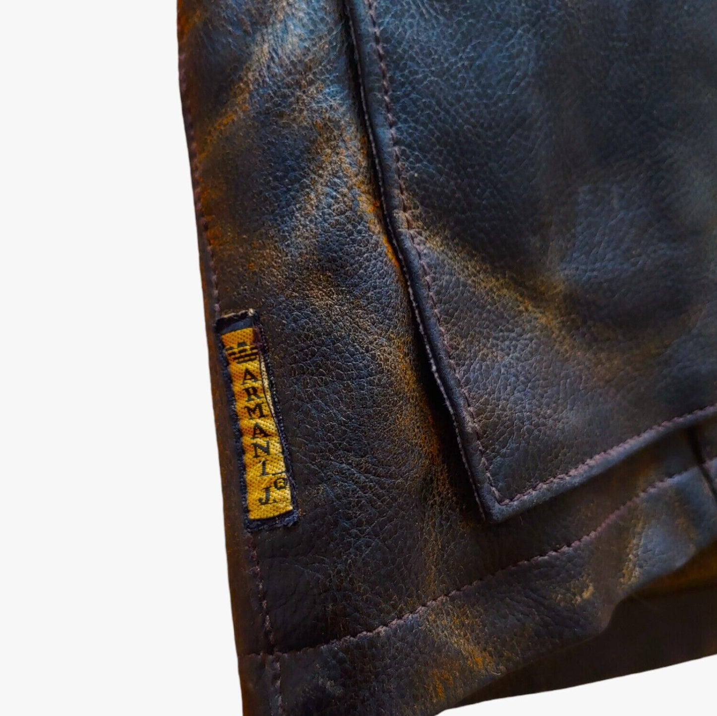 Vintage 90s Armani Jeans Black Leather Utility Jacket Tag - Casspios Dream