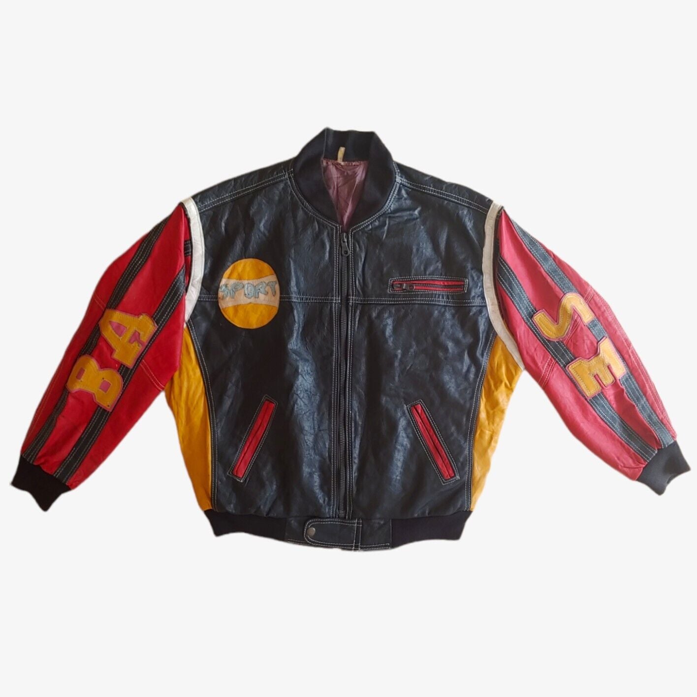 Vintage 90s Baseball Embroidered Spell Out Colourful Leather Varsity Jacket With Big Back Motif - Casspios Dream