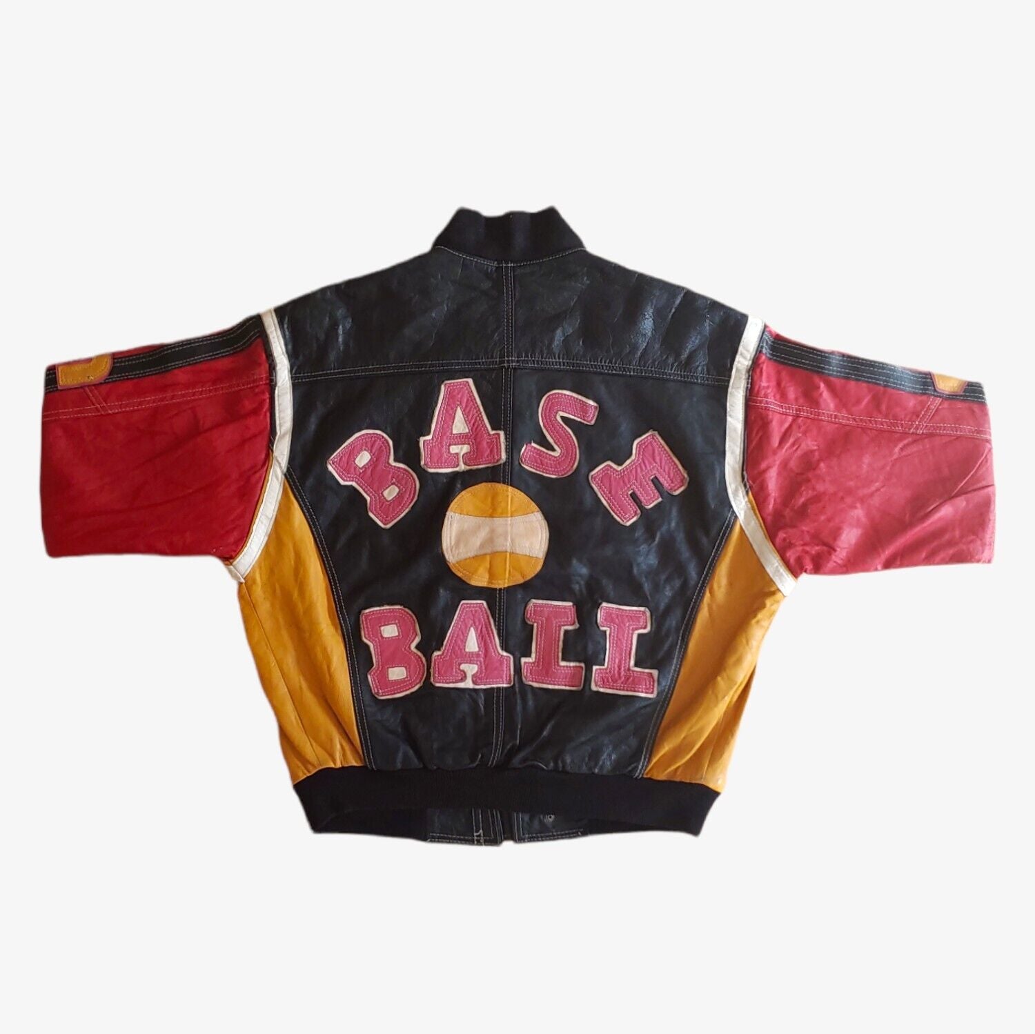 Vintage 90s Baseball Embroidered Spell Out Colourful Leather Varsity Jacket With Big Back Motif Back - Casspios Dream