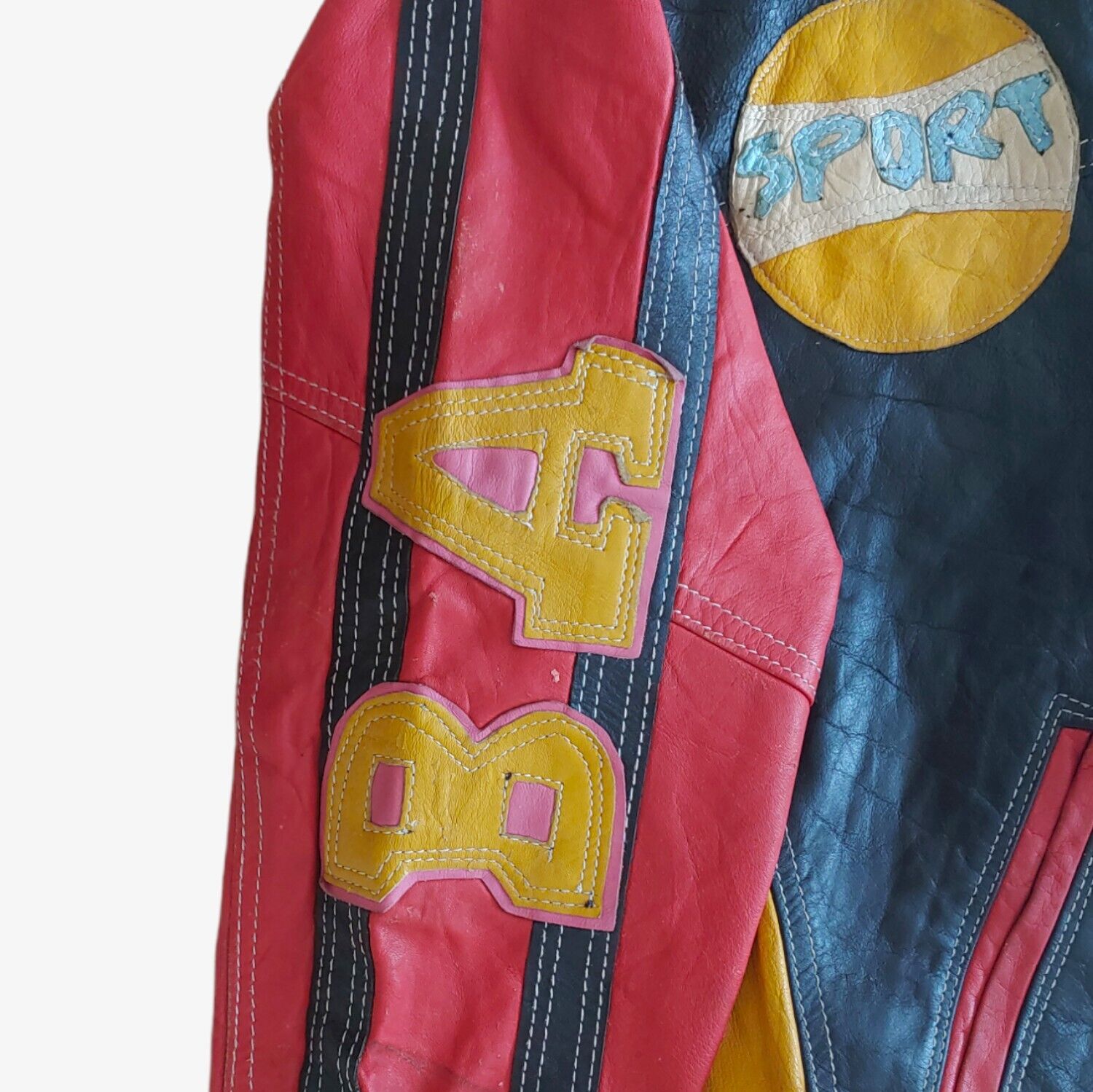 Vintage 90s Baseball Embroidered Spell Out Colourful Leather Varsity Jacket With Big Back Motif Left Arm - Casspios Dream
