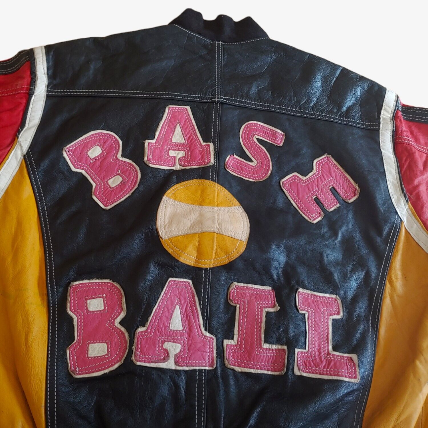 Vintage 90s Baseball Embroidered Spell Out Colourful Leather Varsity Jacket With Big Back Motif Logo - Casspios Dream