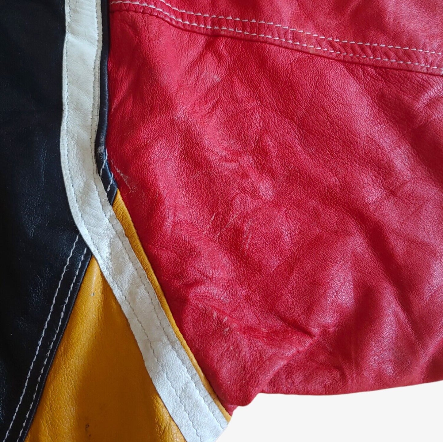 Vintage 90s Baseball Embroidered Spell Out Colourful Leather Varsity Jacket With Big Back Motif Mark - Casspios Dream