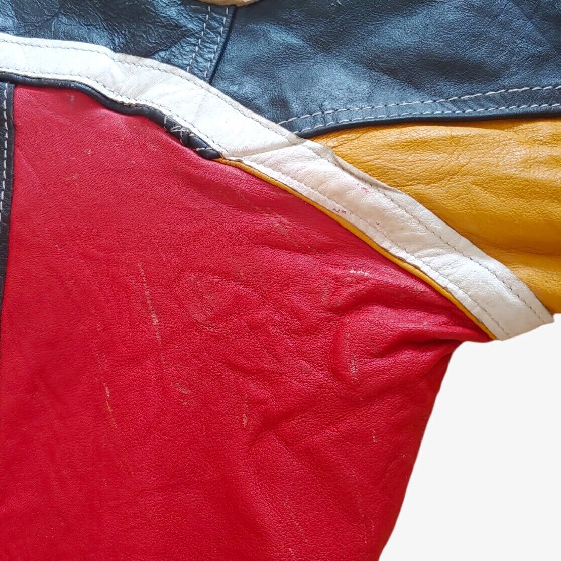 Vintage 90s Baseball Embroidered Spell Out Colourful Leather Varsity Jacket With Big Back Motif Marks - Casspios Dream