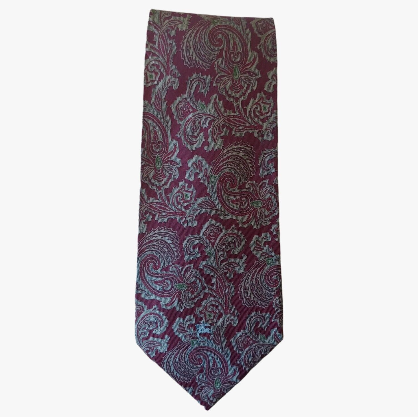 Vintage 90s Burberry Paisley Print Silk Tie With Knight Crest - Casspios Dream