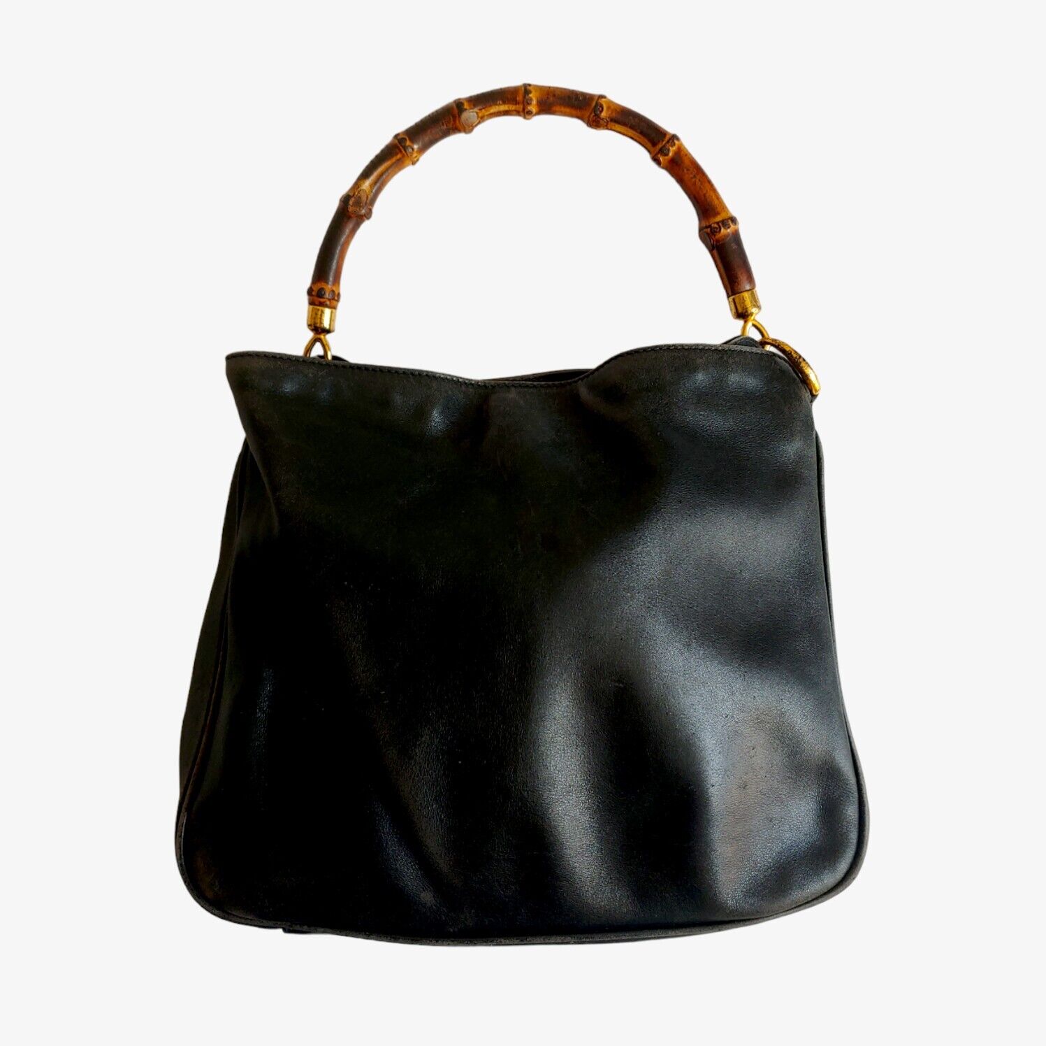 Vintage 90s Gucci Black Leather Bamboo Handbag 00137541638 - Casspios Dream