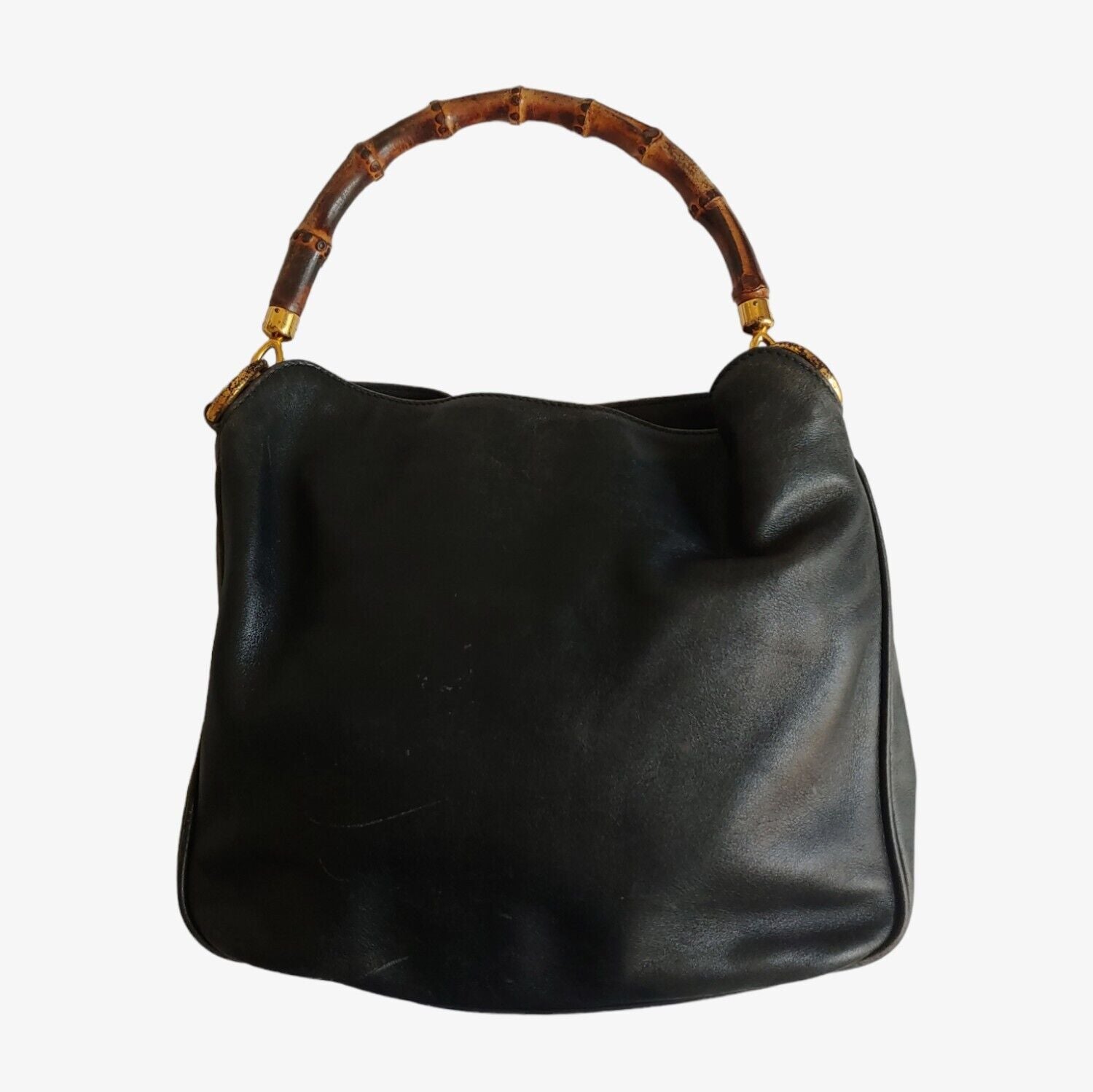 Vintage 90s Gucci Black Leather Bamboo Handbag 00137541638 Back - Casspios Dream