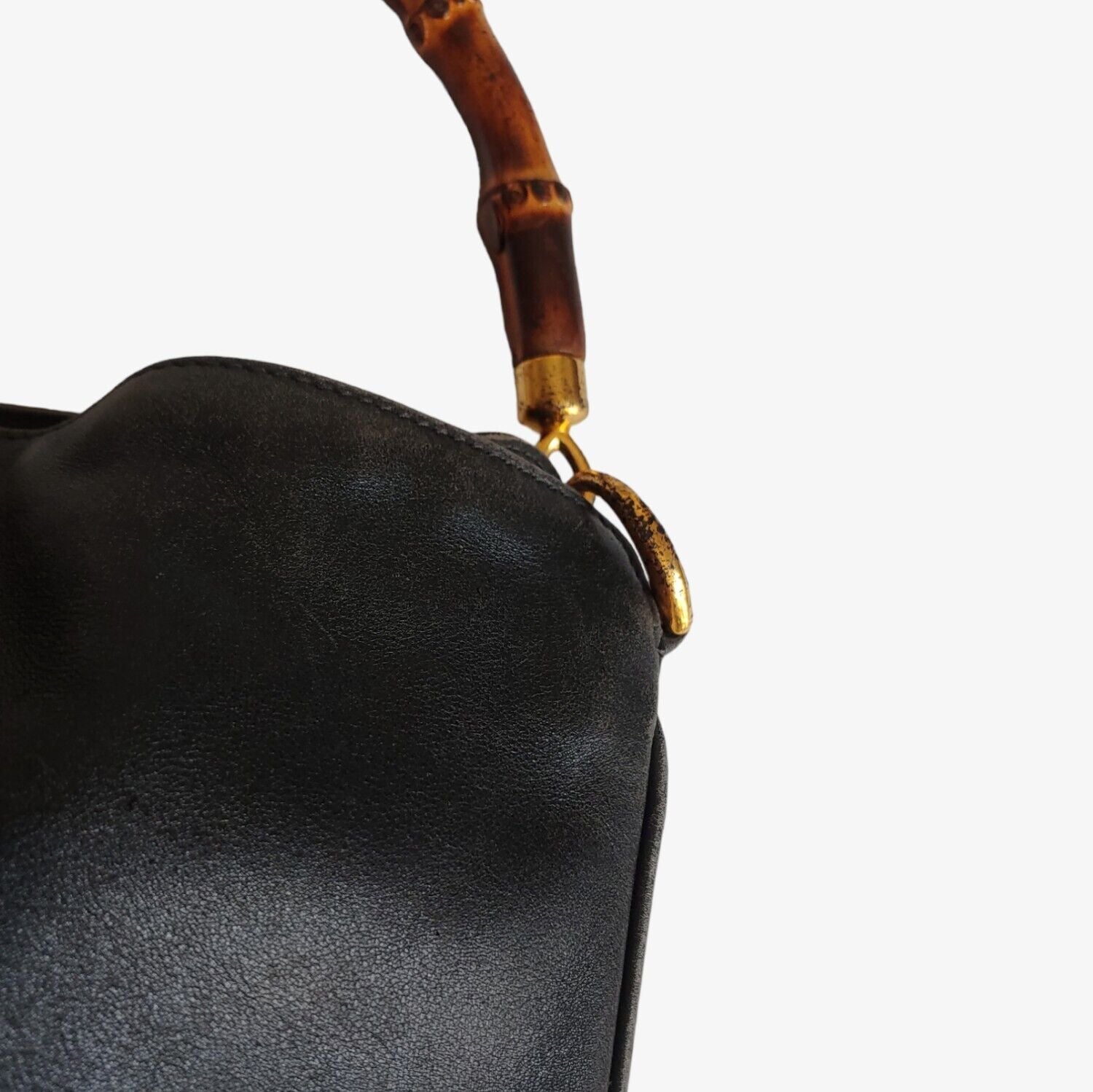 Vintage 90s Gucci Black Leather Bamboo Handbag 00137541638 Buckle - Casspios Dream