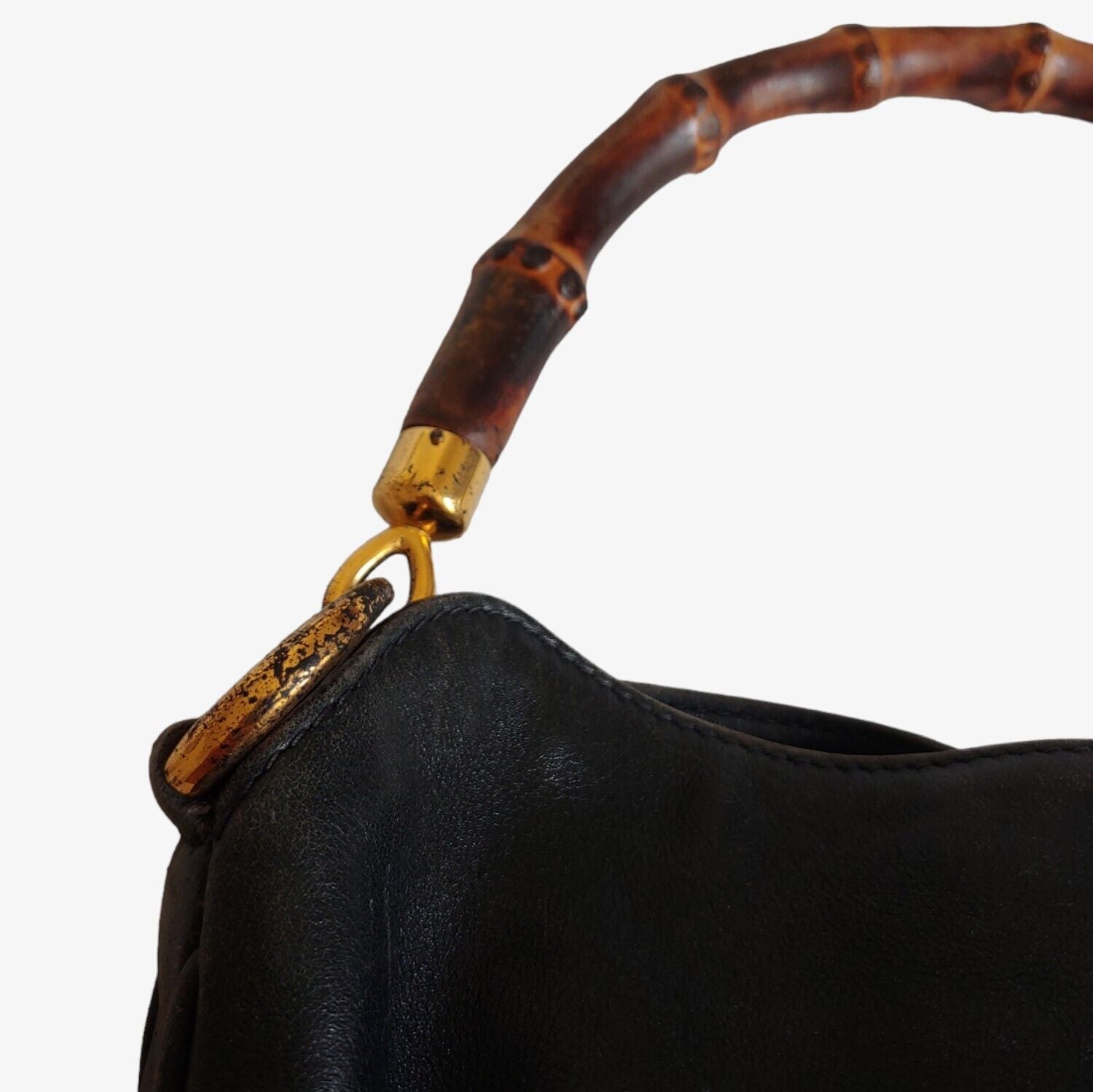 Vintage 90s Gucci Black Leather Bamboo Handbag 00137541638 Handle Mark - Casspios Dream