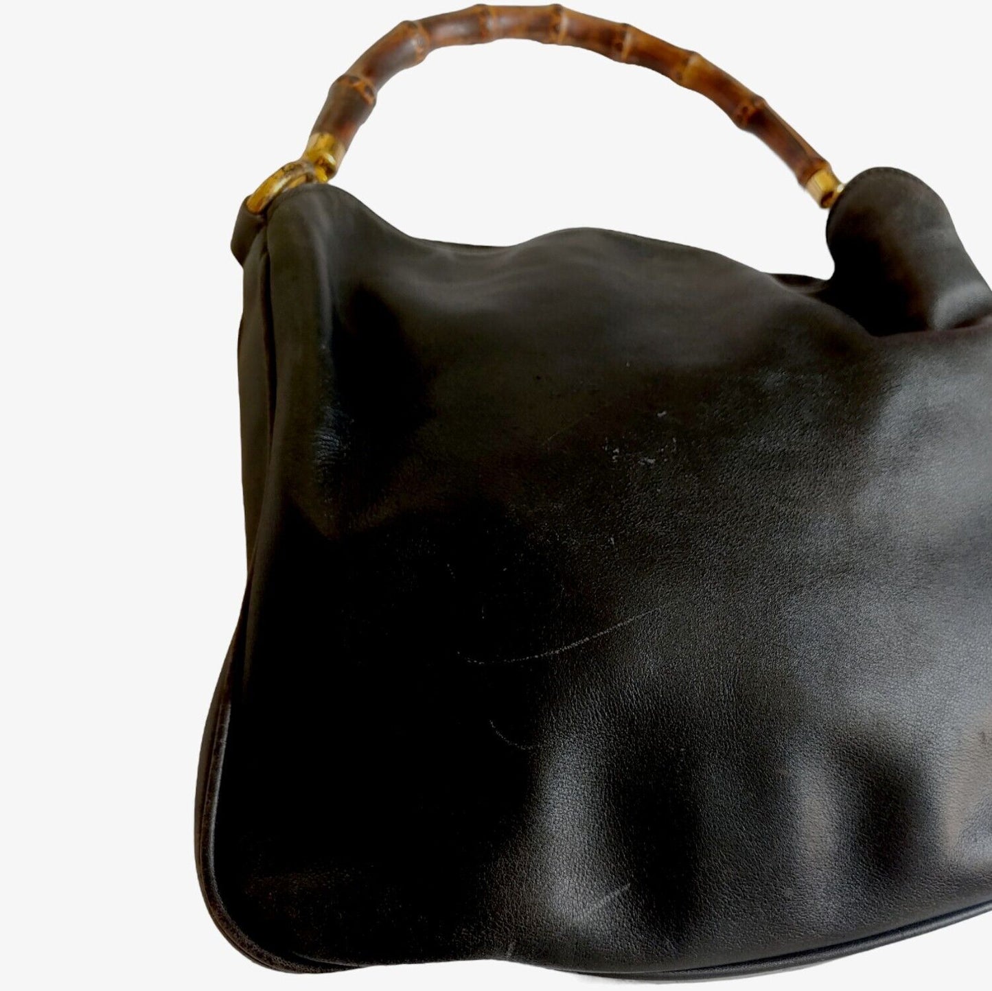 Vintage 90s Gucci Black Leather Bamboo Handbag 00137541638 Wear - Casspios Dream