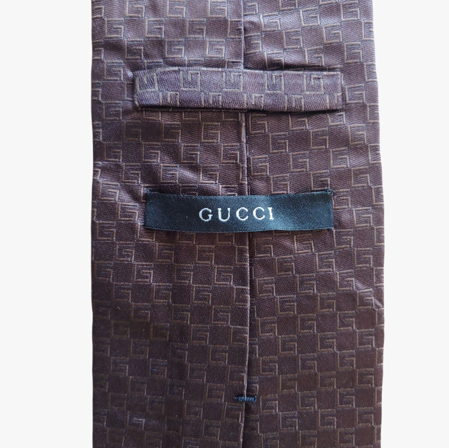 Vintage 90s Gucci Double G Geometric Monogram Brown Silk Tie Label - Casspios Dream