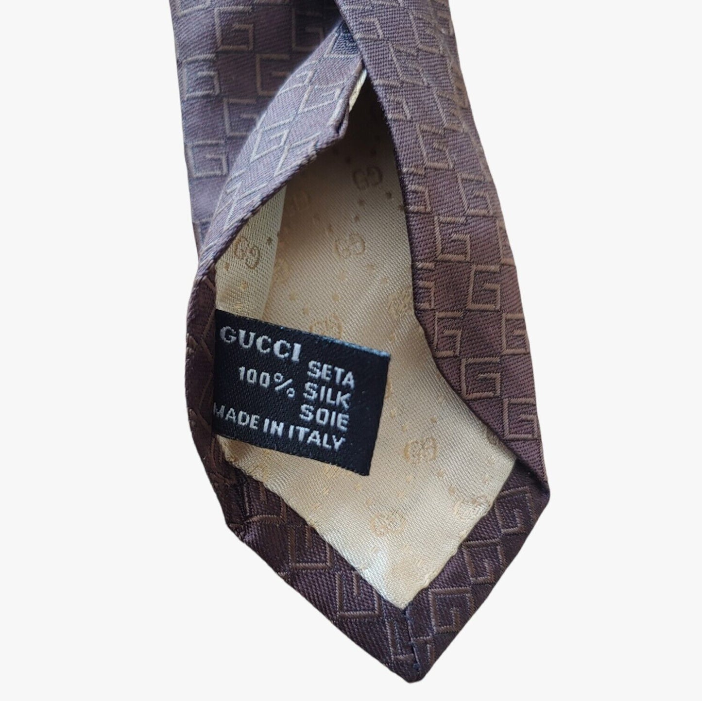 Vintage 90s Gucci Double G Geometric Monogram Brown Silk Tie Material - Casspios Dream
