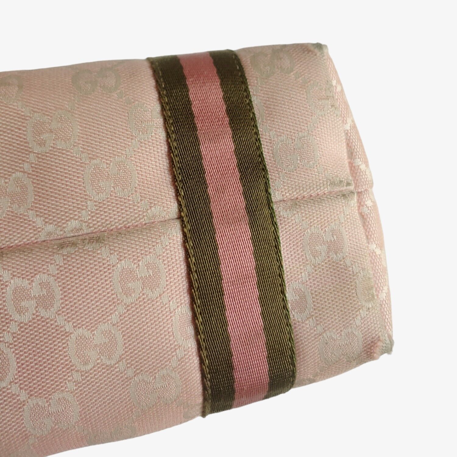 Vintage Gucci Pink Monogrammed Tote with Olive Green Canvas Stripe