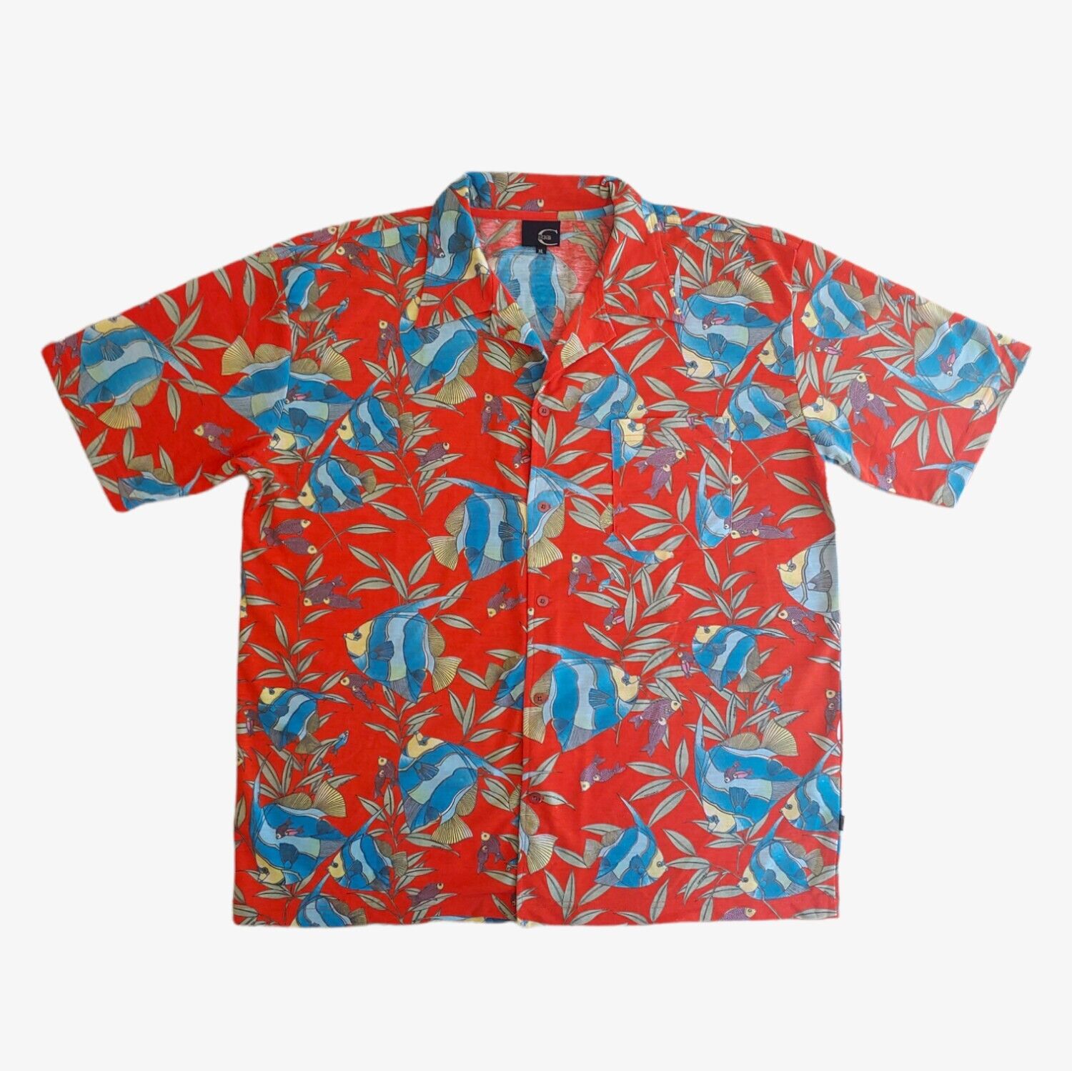 Vintage 90s Just Cavalli Orange Fish Geometric All Over Print Short Sleeve Hawaiian Shirt - Casspios Dream