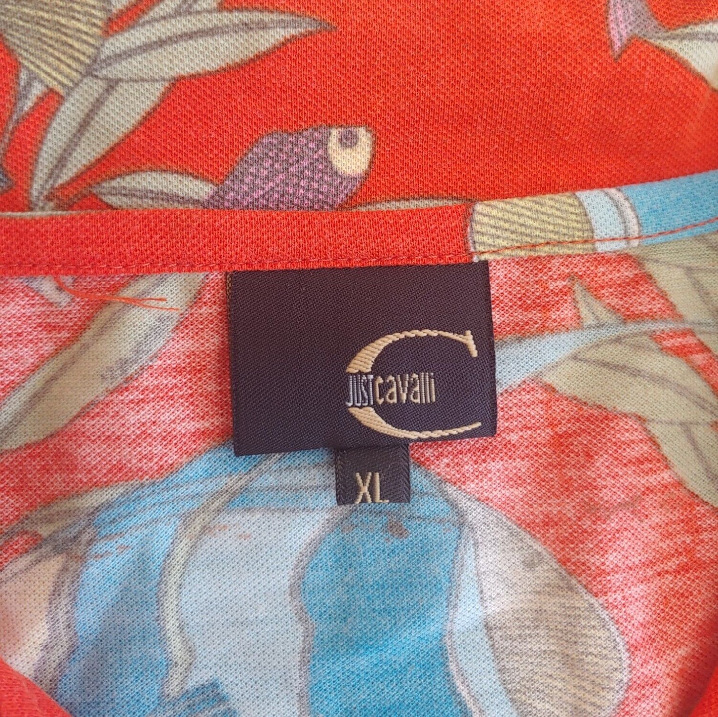 Vintage 90s Just Cavalli Orange Fish Geometric All Over Print Short Sleeve Hawaiian Shirt Label - Casspios Dream