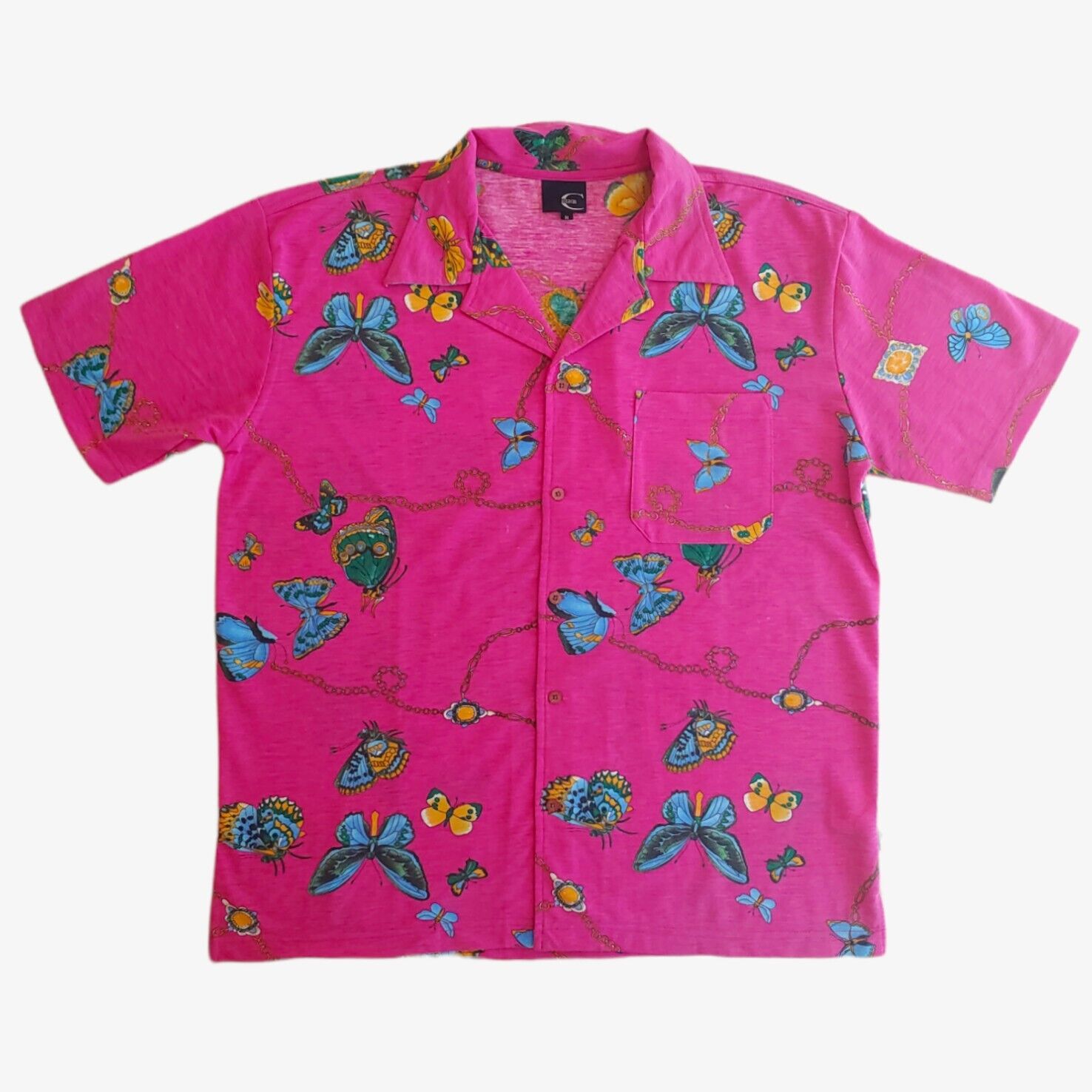 Vintage 90s Just Cavalli Pink Butterfly Geometric All Over Print Short Sleeve Hawaiian Shirt - Casspios Dream