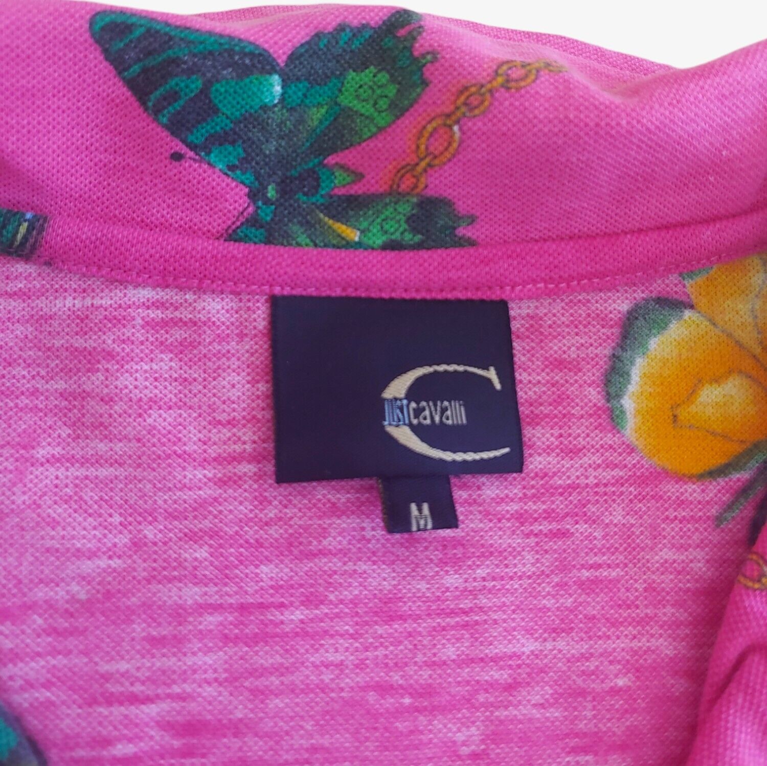 Vintage 90s Just Cavalli Pink Butterfly Geometric All Over Print Short Sleeve Hawaiian Shirt Label - Casspios Dream