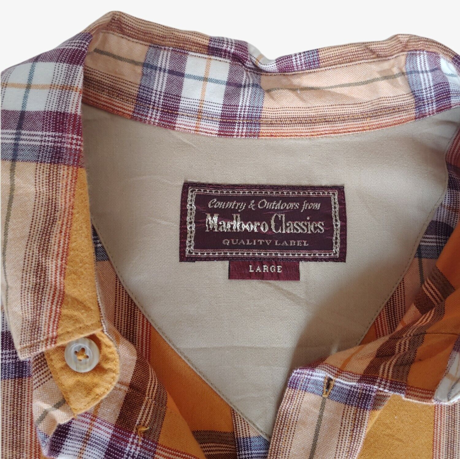 Vintage 90s Marlboro Classics Orange Check Flannel Shirt Label - Casspios Dream