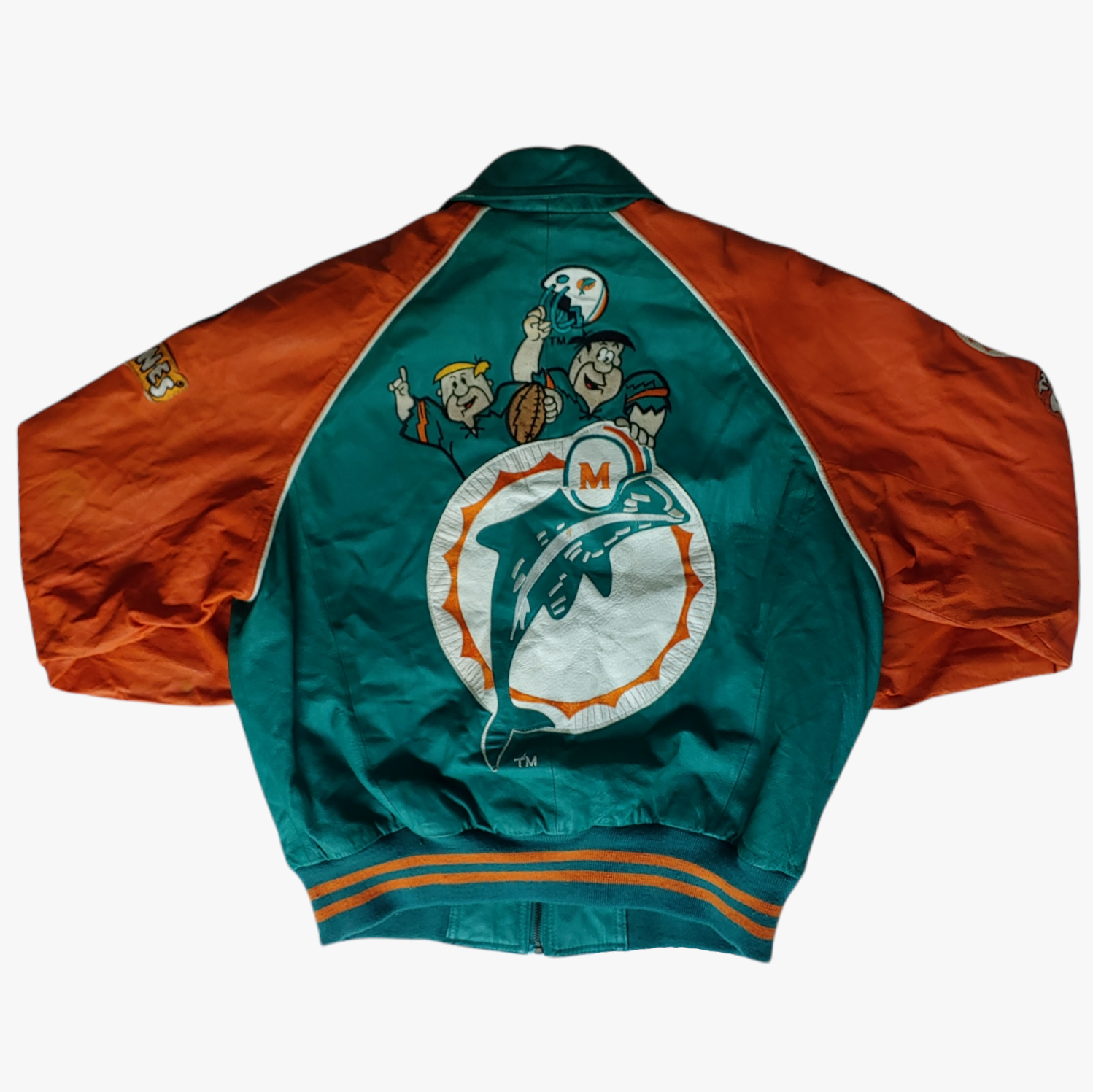 Vintage 90s Miami Dolphins NFL The Flintstones 1993 Green & Orange Leather Varsity Jacket - Casspios Dream