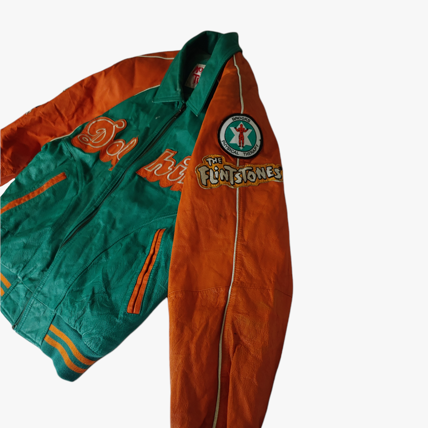 Vintage 90s Miami Dolphins NFL The Flintstones 1993 Green & Orange Leather Varsity Jacket Badge - Casspios Dream