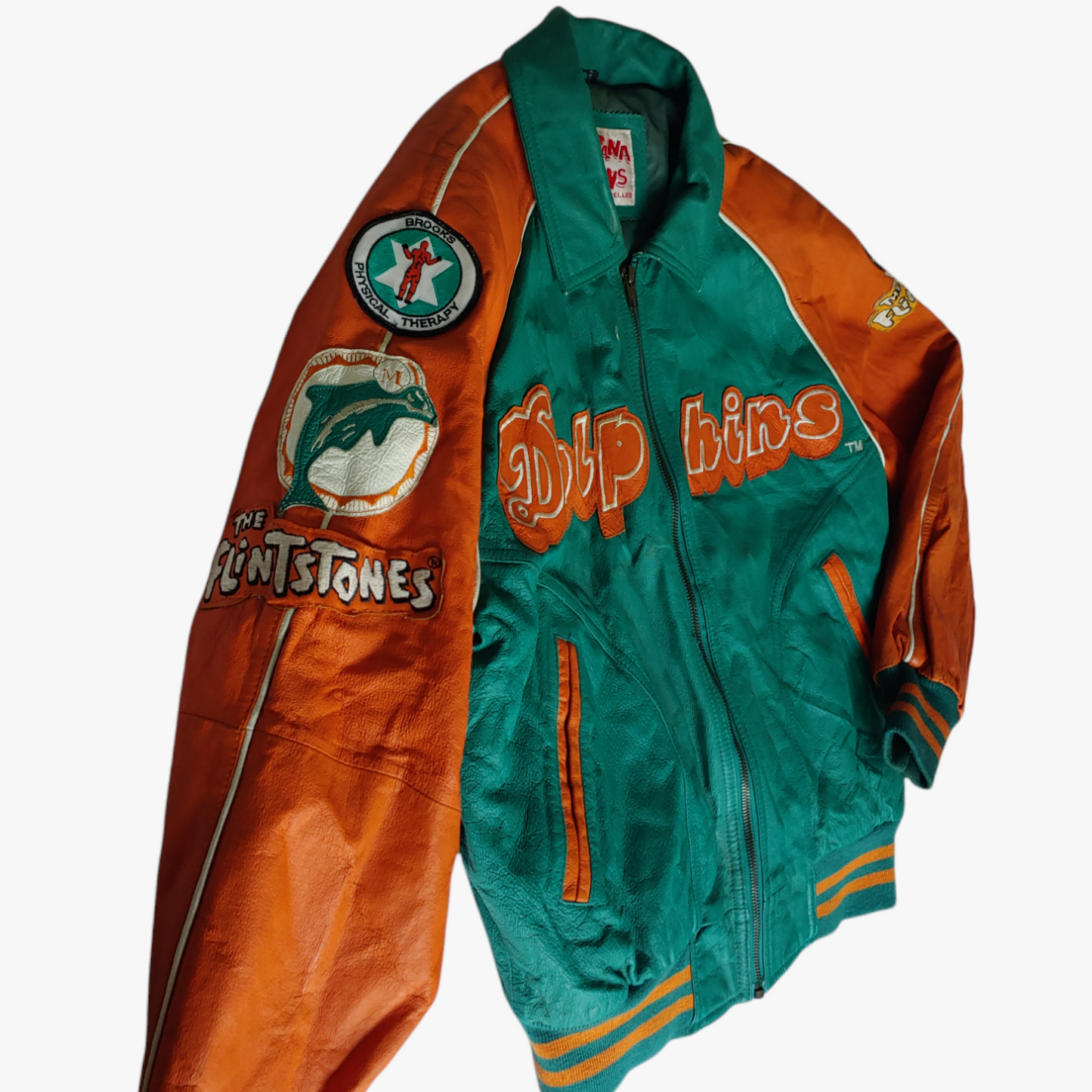 Vintage 90s Miami Dolphins NFL The Flintstones 1993 Green & Orange Leather Varsity Jacket Badges - Casspios Dream