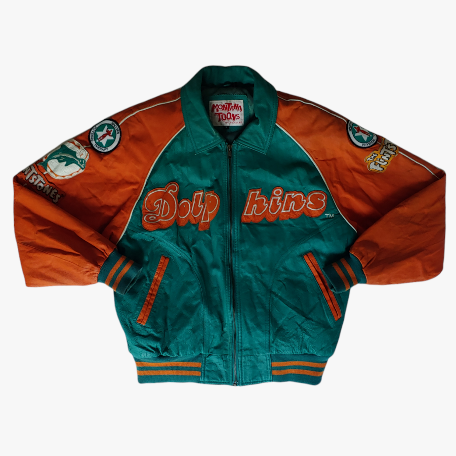 Vintage 90s Miami Dolphins NFL The Flintstones 1993 Green & Orange Leather Varsity Jacket Front - Casspios Dream