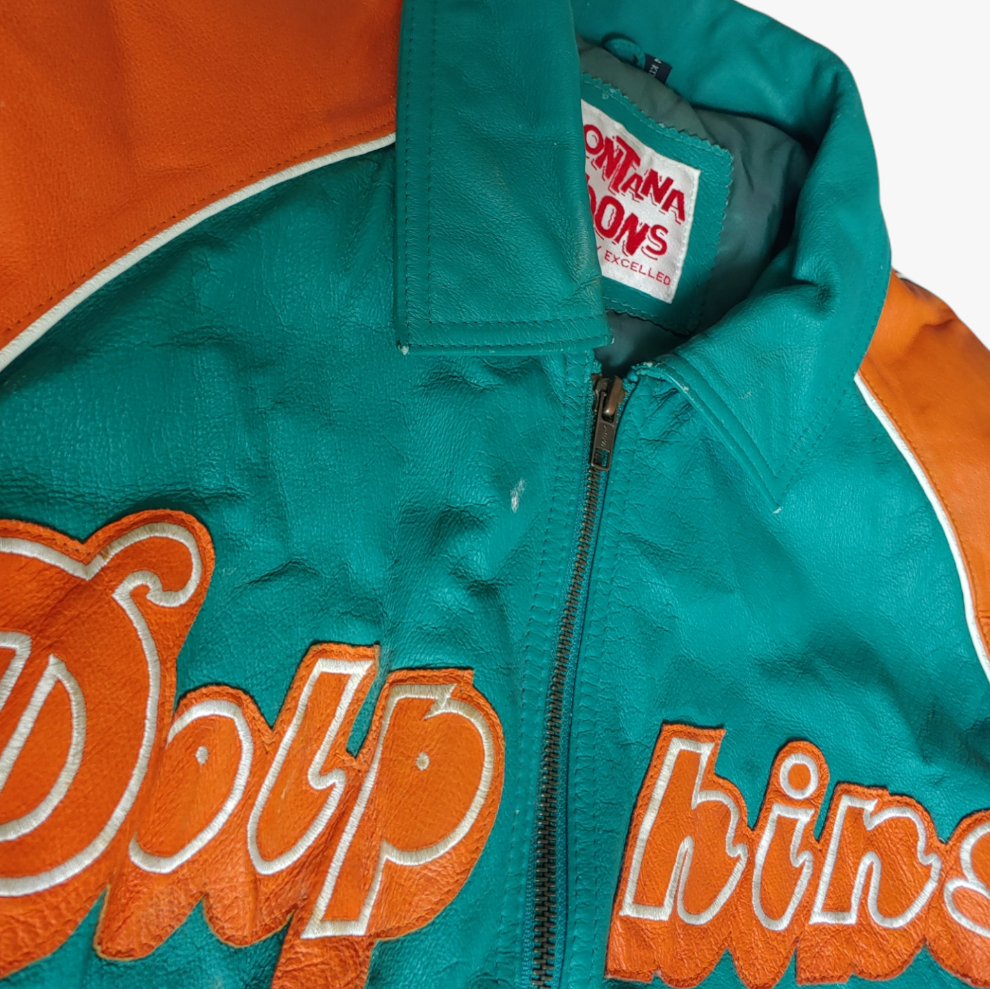 Vintage 90s Miami Dolphins NFL The Flintstones 1993 Green & Orange Leather Varsity Jacket Mark - Casspios Dream
