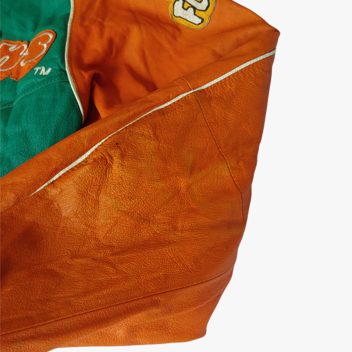 Vintage 90s Miami Dolphins NFL The Flintstones 1993 Green & Orange Leather Varsity Jacket Marks - Casspios Dream
