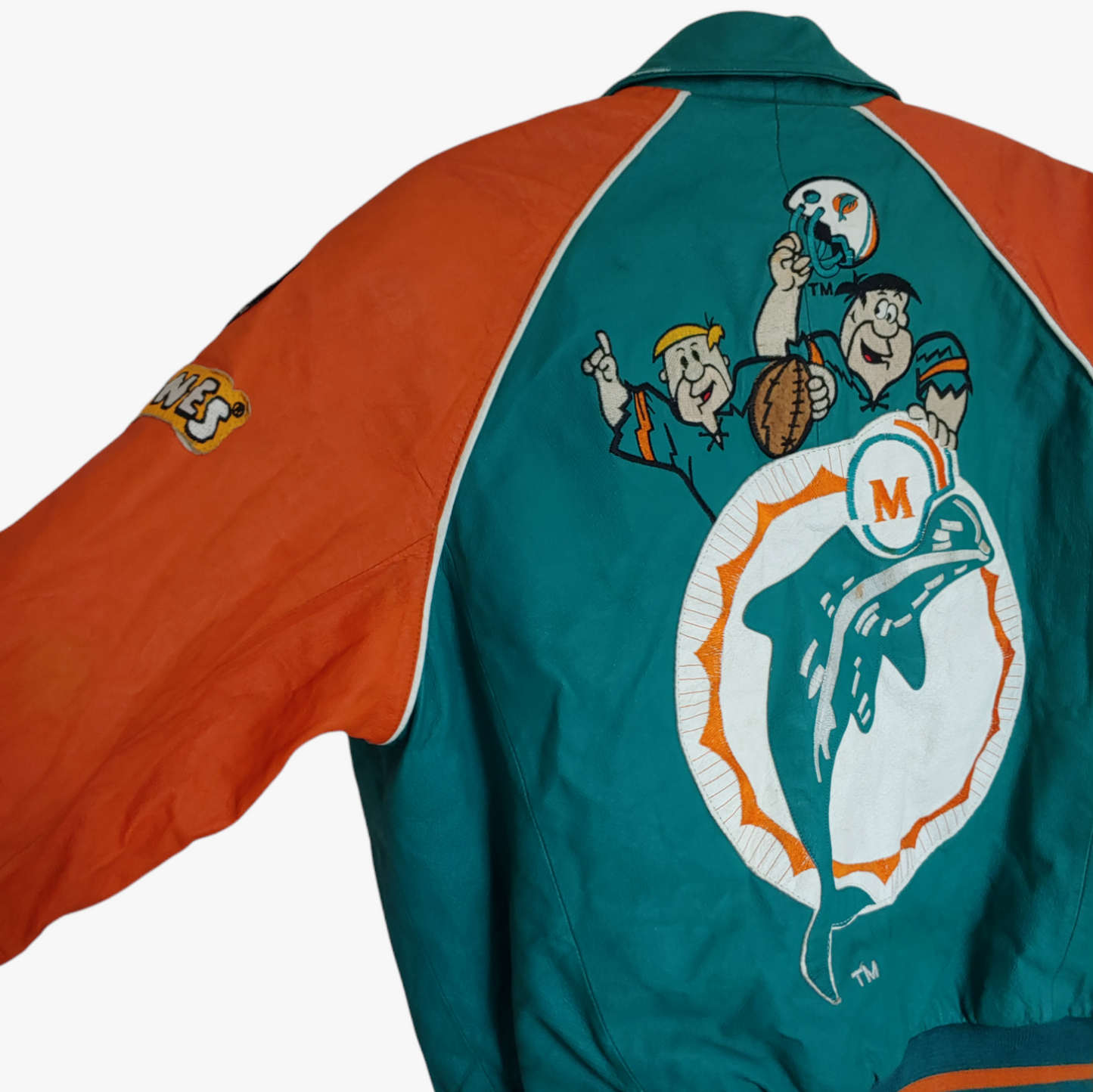Vintage 90s Miami Dolphins NFL The Flintstones 1993 Green & Orange Leather Varsity Jacket Motif - Casspios Dream