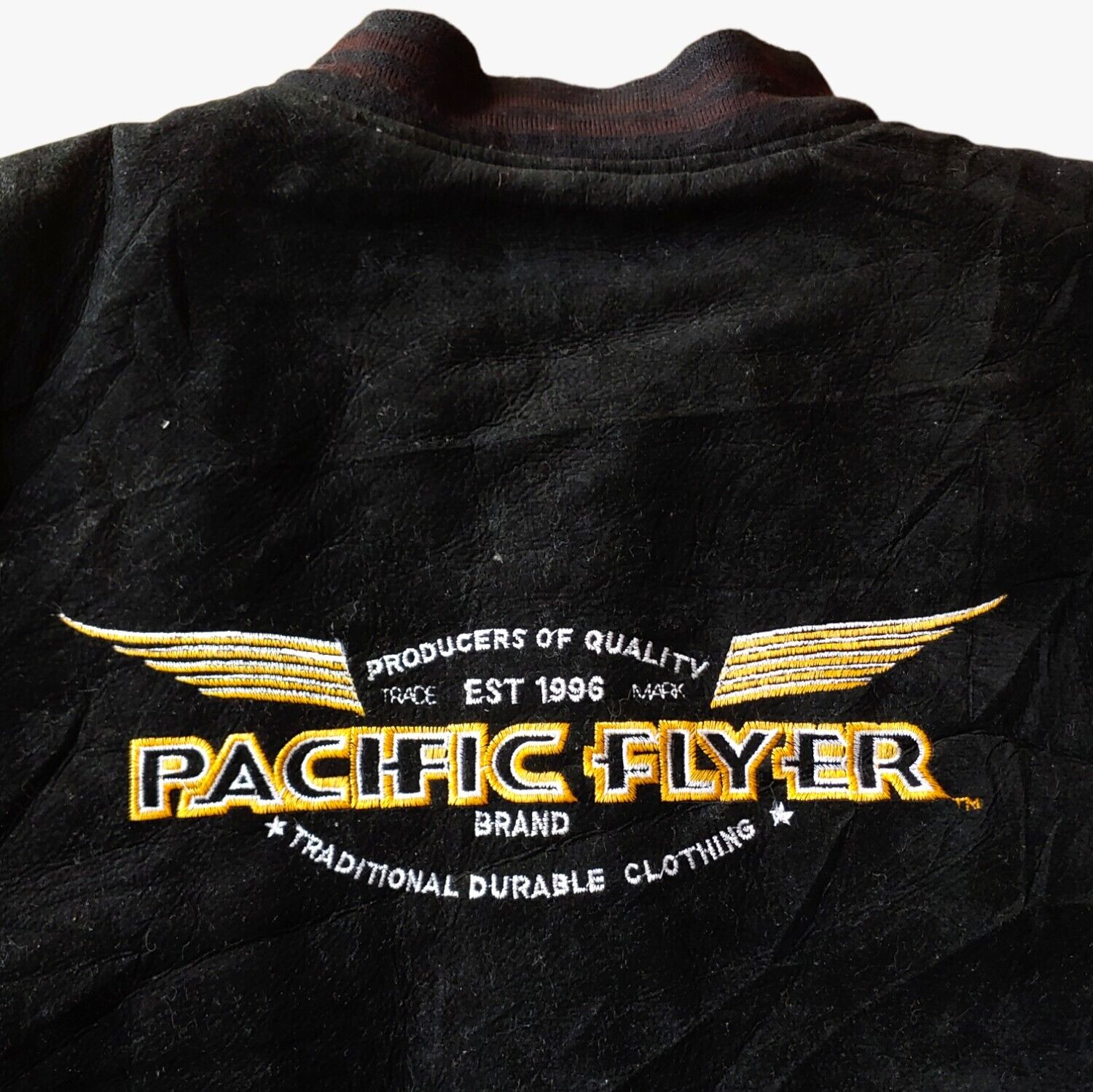 Vintage 90s Pacific Flyer Leather Black & Brown Varsity Aviation Jacket Back Logo - Casspios Dream