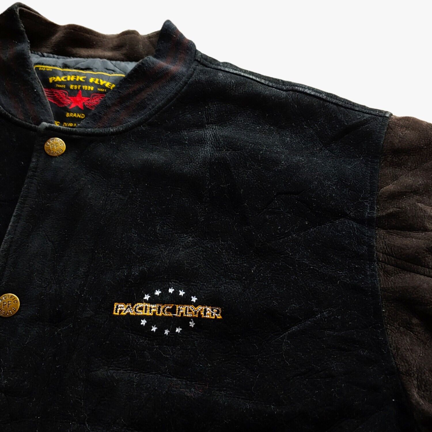 Vintage 90s Pacific Flyer Leather Black & Brown Varsity Aviation Jacket Logo - Casspios Dream