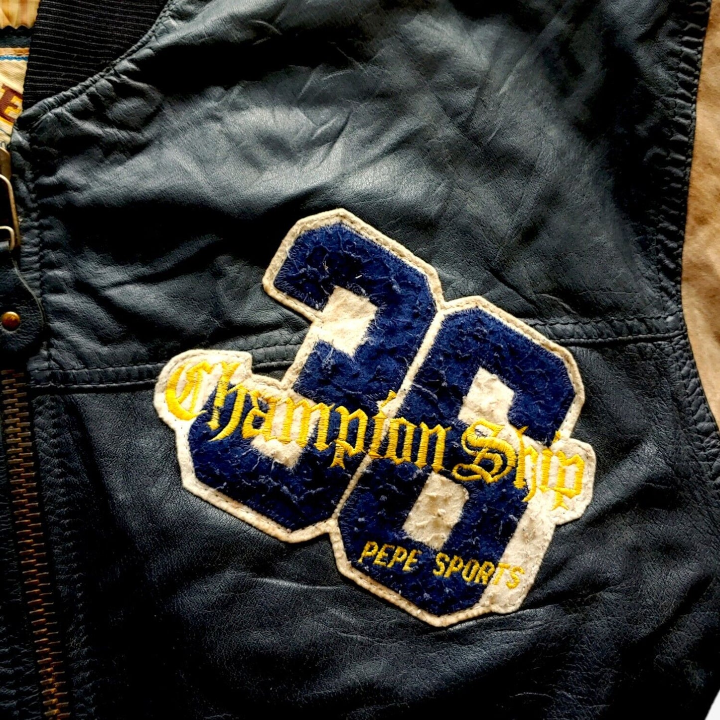 Vintage 90s Pepe 36 Championship Blue Leather Varsity Letterman College Jacket Crest - Casspios Dream
