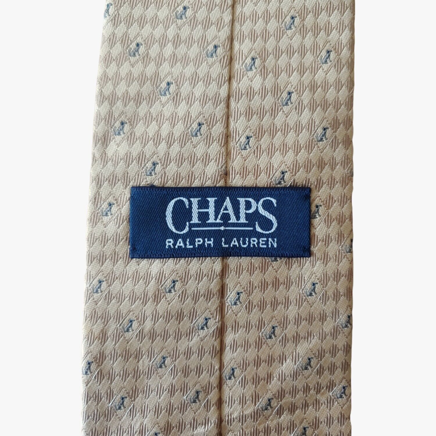 Vintage 90s Polo Ralph Lauren Chaps Geometric Dog Monogram Gold Silk Tie Label - Casspios Dream