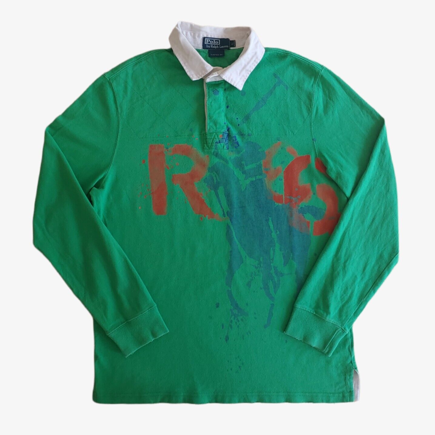 Vintage 90s Polo Ralph Lauren Green Long Sleeve Rugby Shirt With Big Spell Out Polo Player Logo Graphic Print - Casspios Dream
