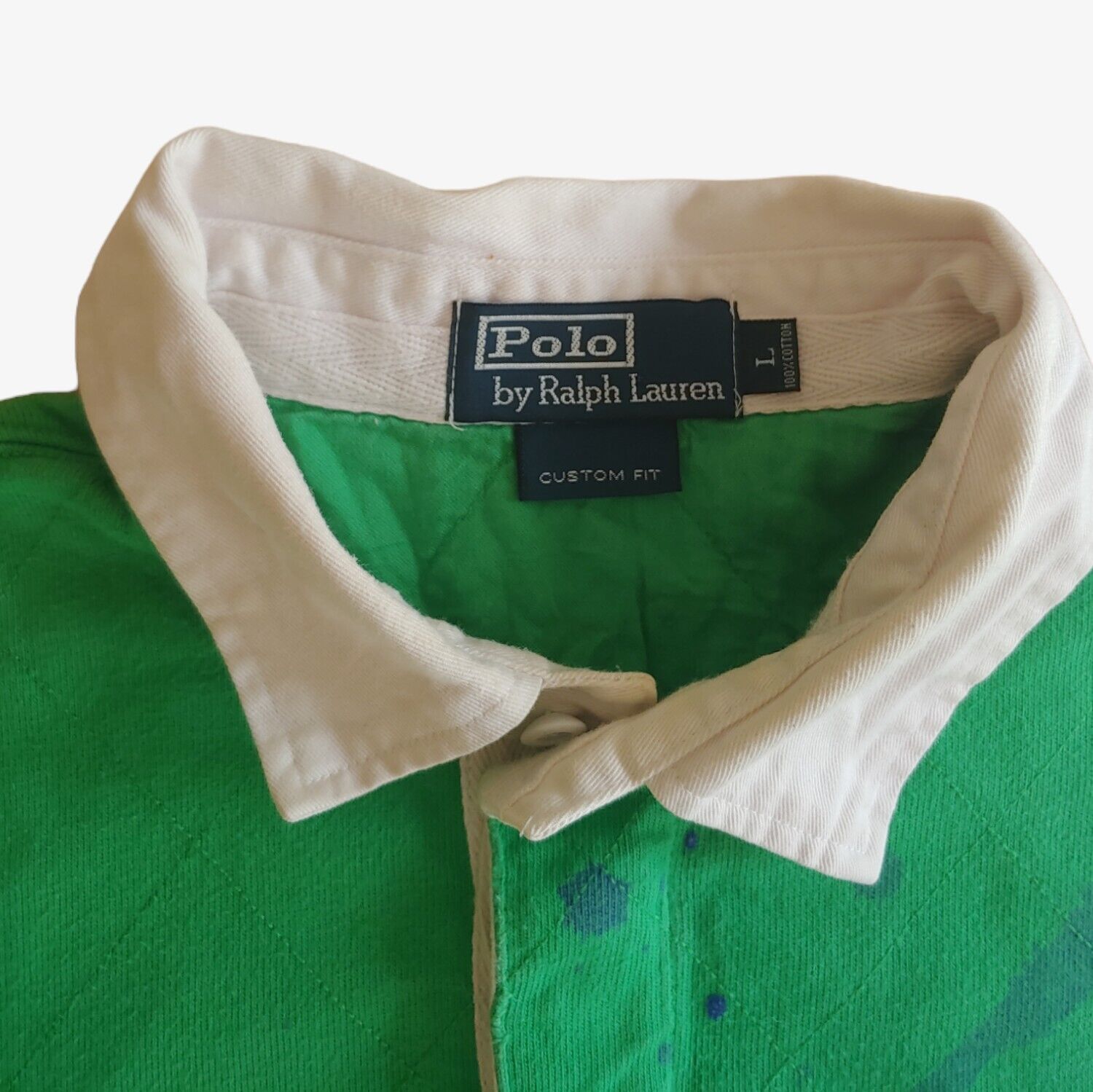 Vintage 90s Polo Ralph Lauren Green Long Sleeve Rugby Shirt With Big Spell Out Polo Player Logo Graphic Print Label - Casspios Dream