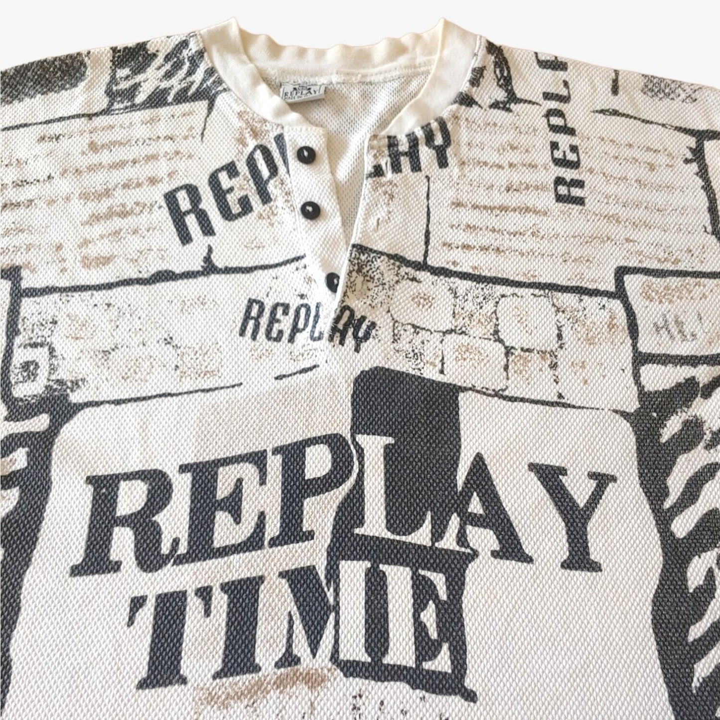 Vintage 90s Replay All Over Print Spell Out Logo Ribbed Quarter Button Top T-Shirt Front - Casspios Dream