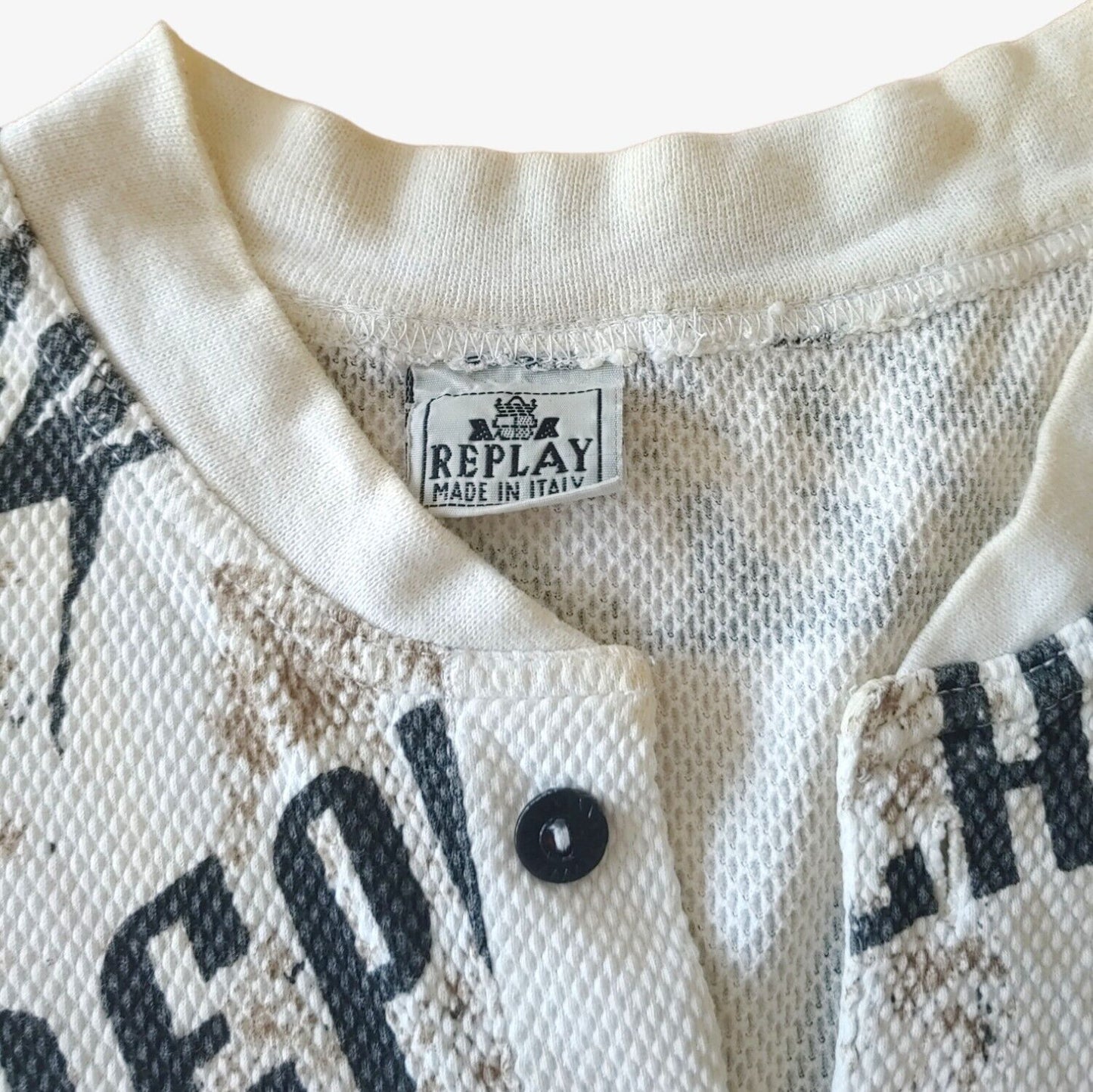 Vintage 90s Replay All Over Print Spell Out Logo Ribbed Quarter Button Top T-Shirt Label - Casspios Dream