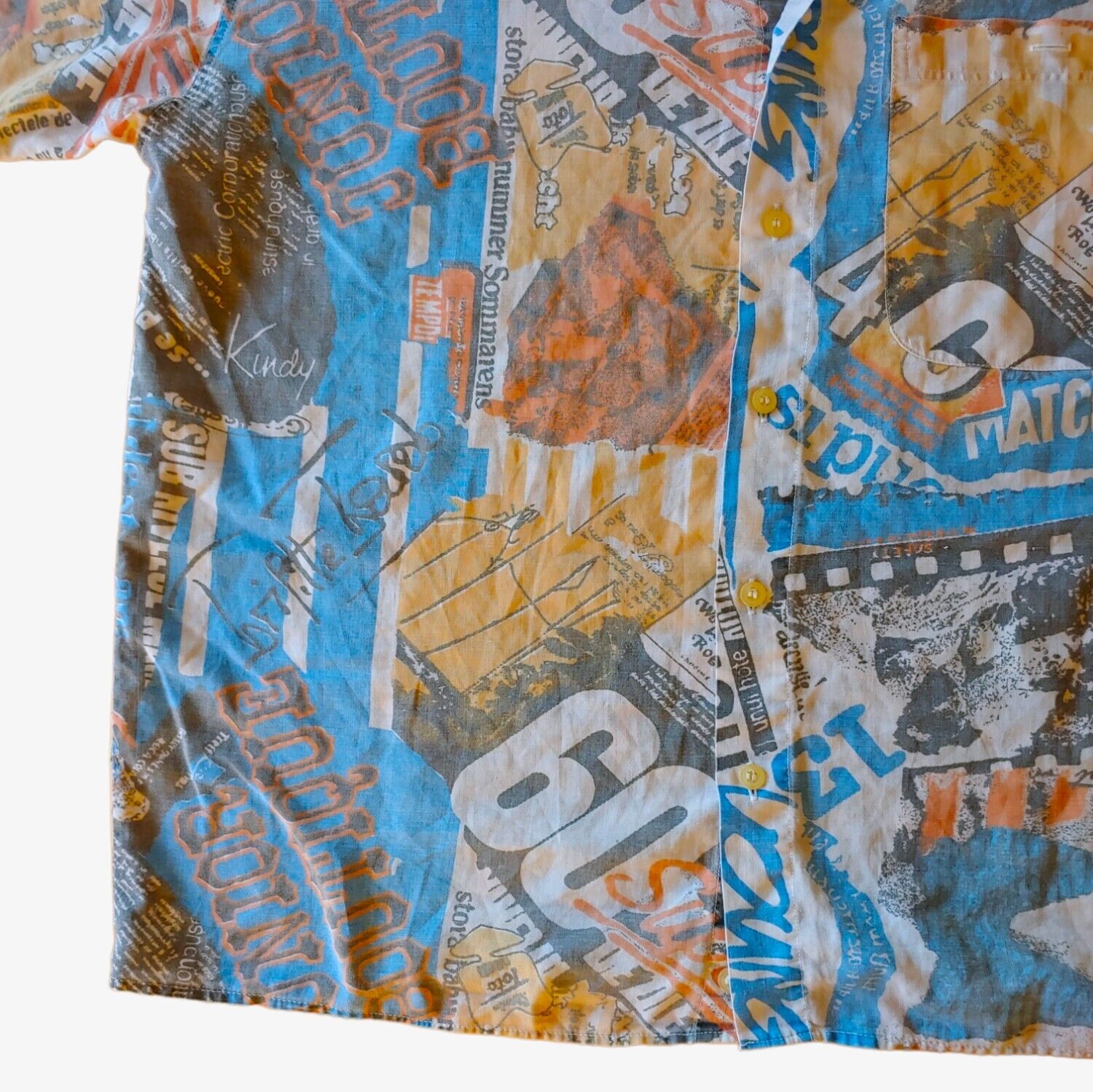 Vintage 90s Tirnava All Over Magazine Print Short Sleeve Shirt Back Logo - Casspios Dream