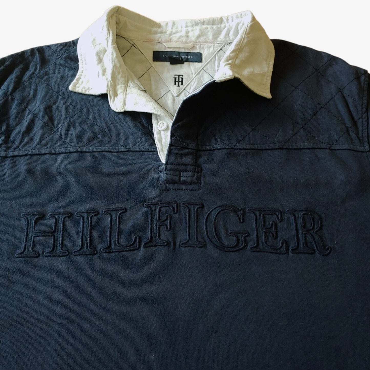 Vintage 90s Tommy Hilfiger Spell Out Navy Short Sleeve Rugby Shirt Logo - Casspios Dream