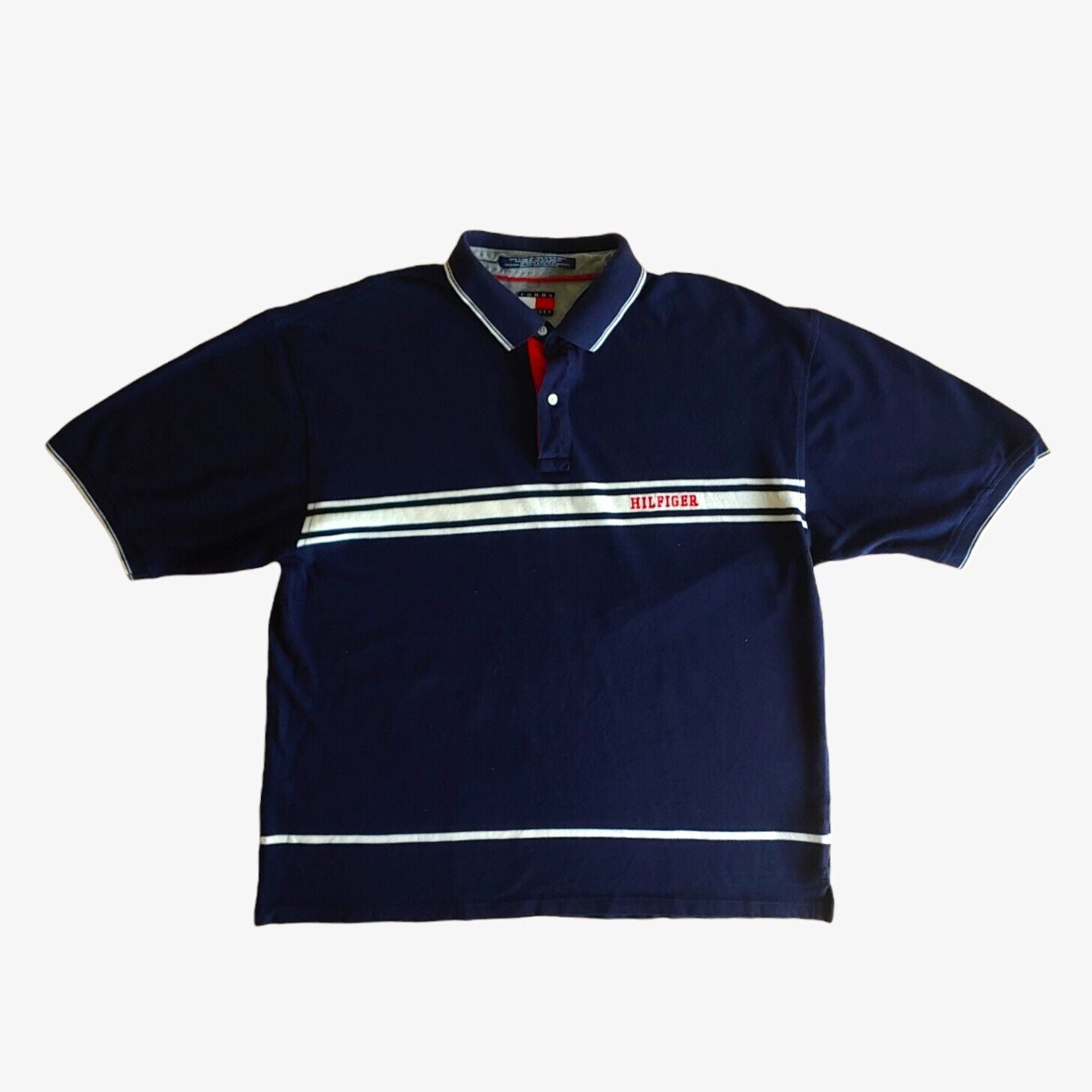 Vintage 90s Tommy Hilfiger Striped Navy Polo Shirt With Breast Logo - Casspios Dream