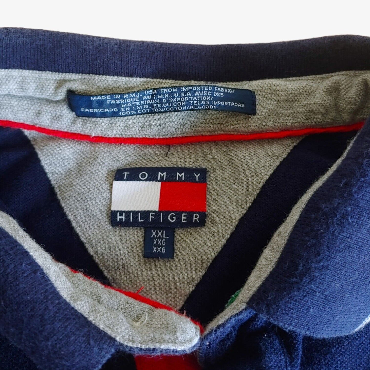 Vintage 90s Tommy Hilfiger Striped Navy Polo Shirt With Breast Logo Label - Casspios Dream